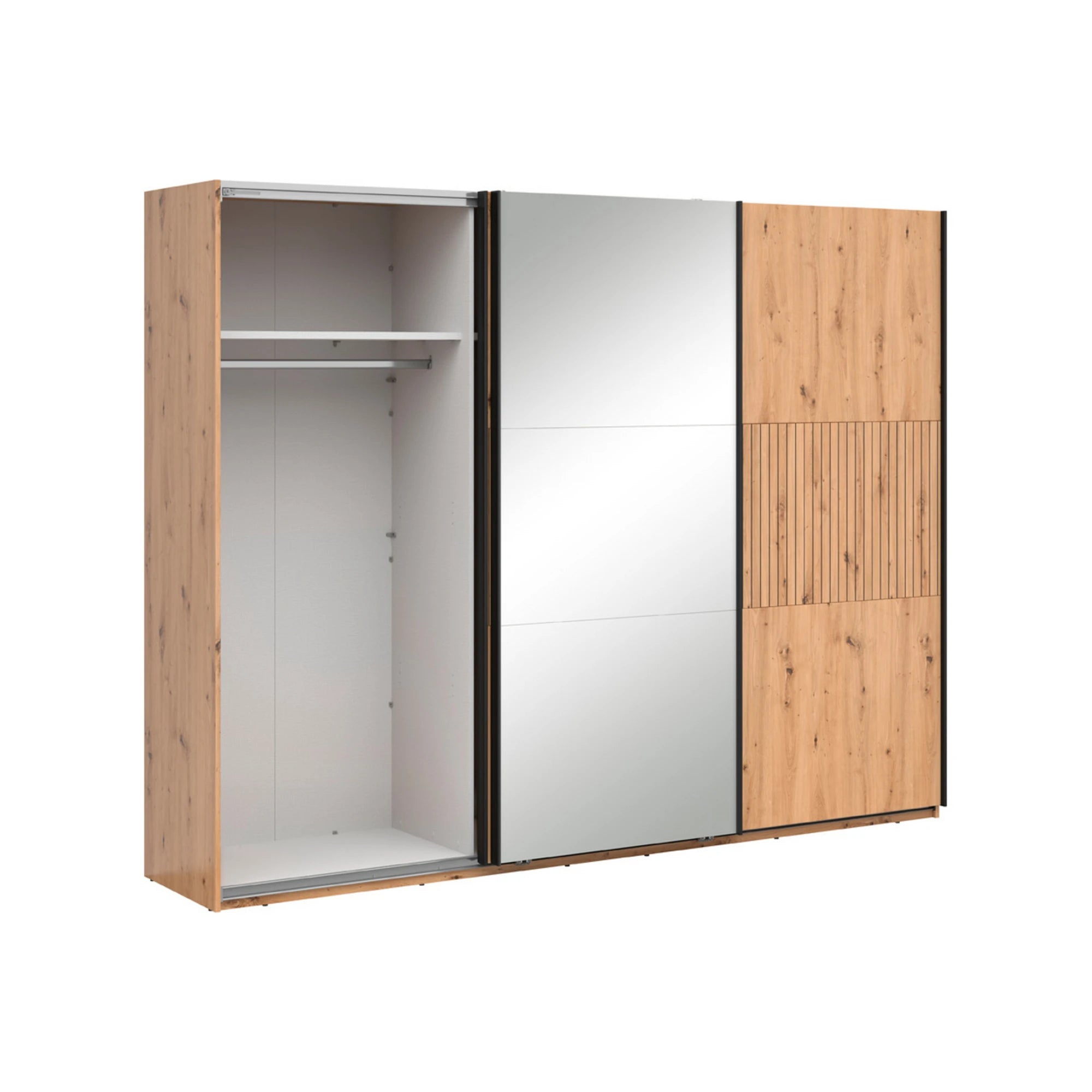 Set dormitor LAMEA, stejar artisan, pat 160x200, dulap cu 3 usi, 2 noptiere si o comoda