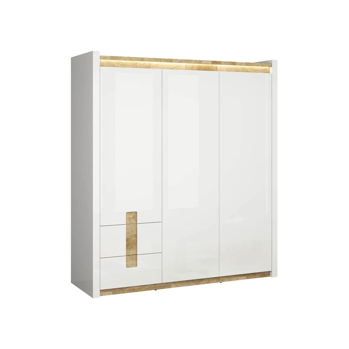 Set dormitor ALAMEDA, alb/stejar, pat 140x200, dulap cu 3 usi si 2 sertare, comoda si noptiera