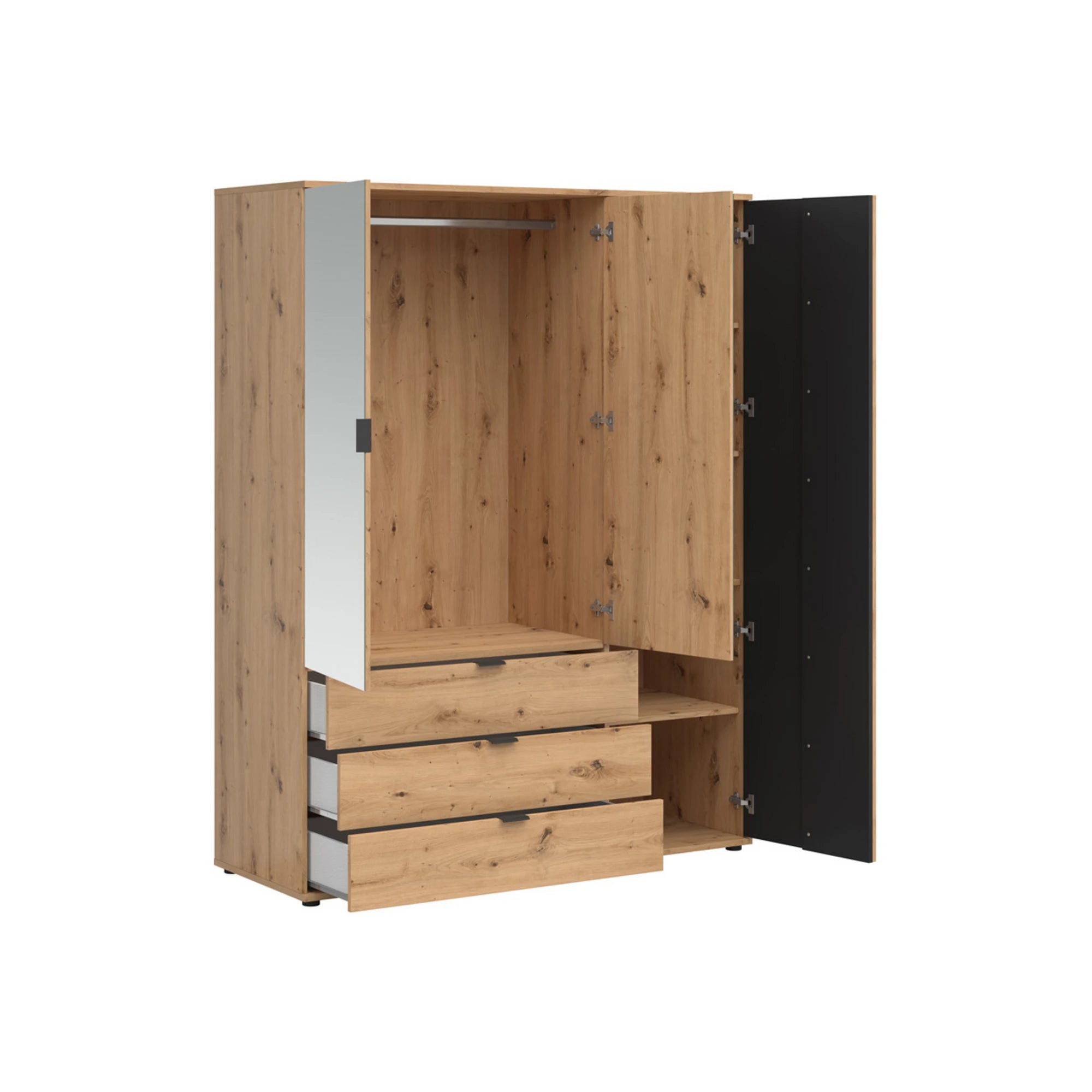 Set dormitor VABRES, stejar artisan/negru mat, pat 160x200, dulap cu 3 usi si 3 sertare, 2 noptiere si o comoda