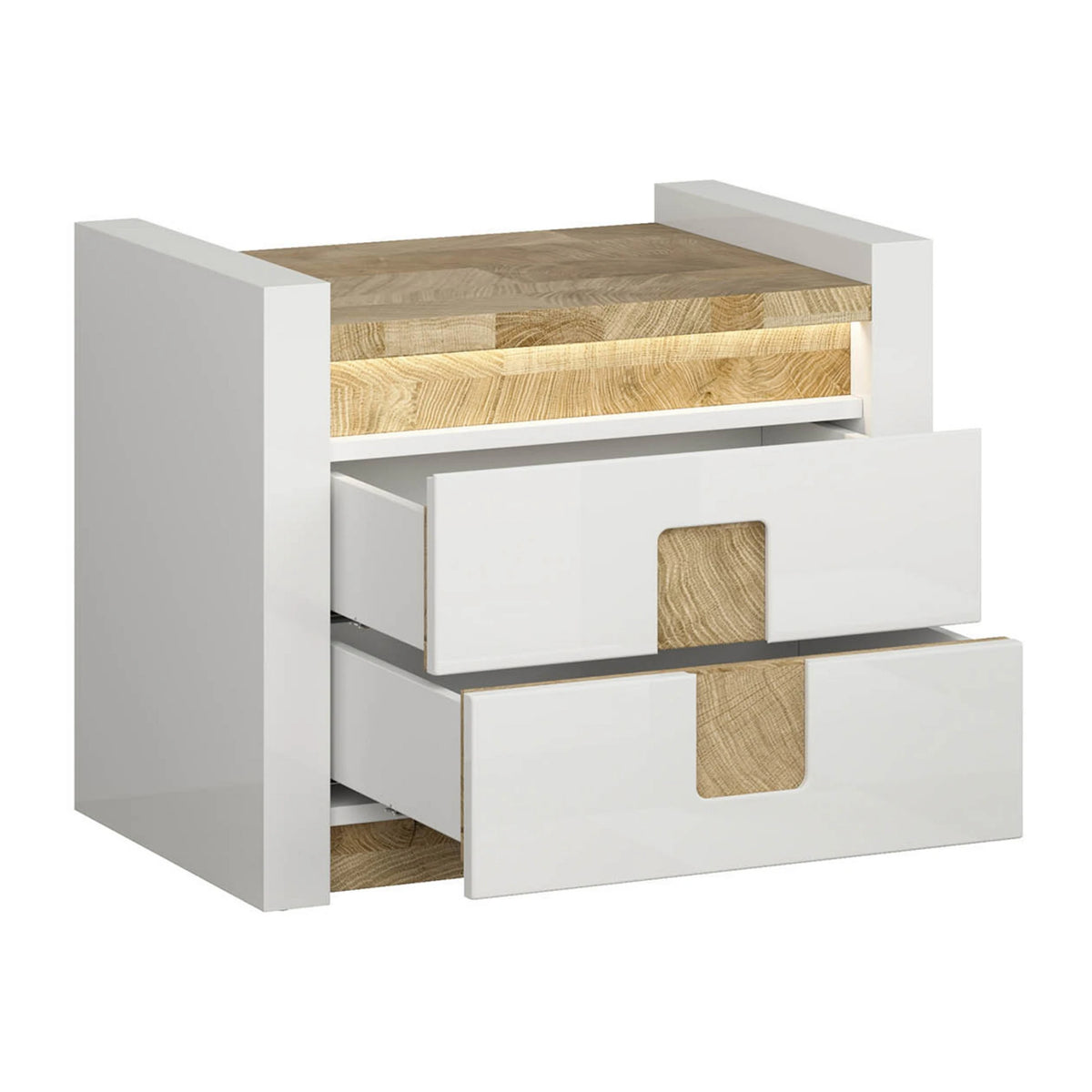 Set dormitor ALAMEDA, alb/stejar, pat 140x200, dulap cu 3 usi si 2 sertare, comoda si noptiera