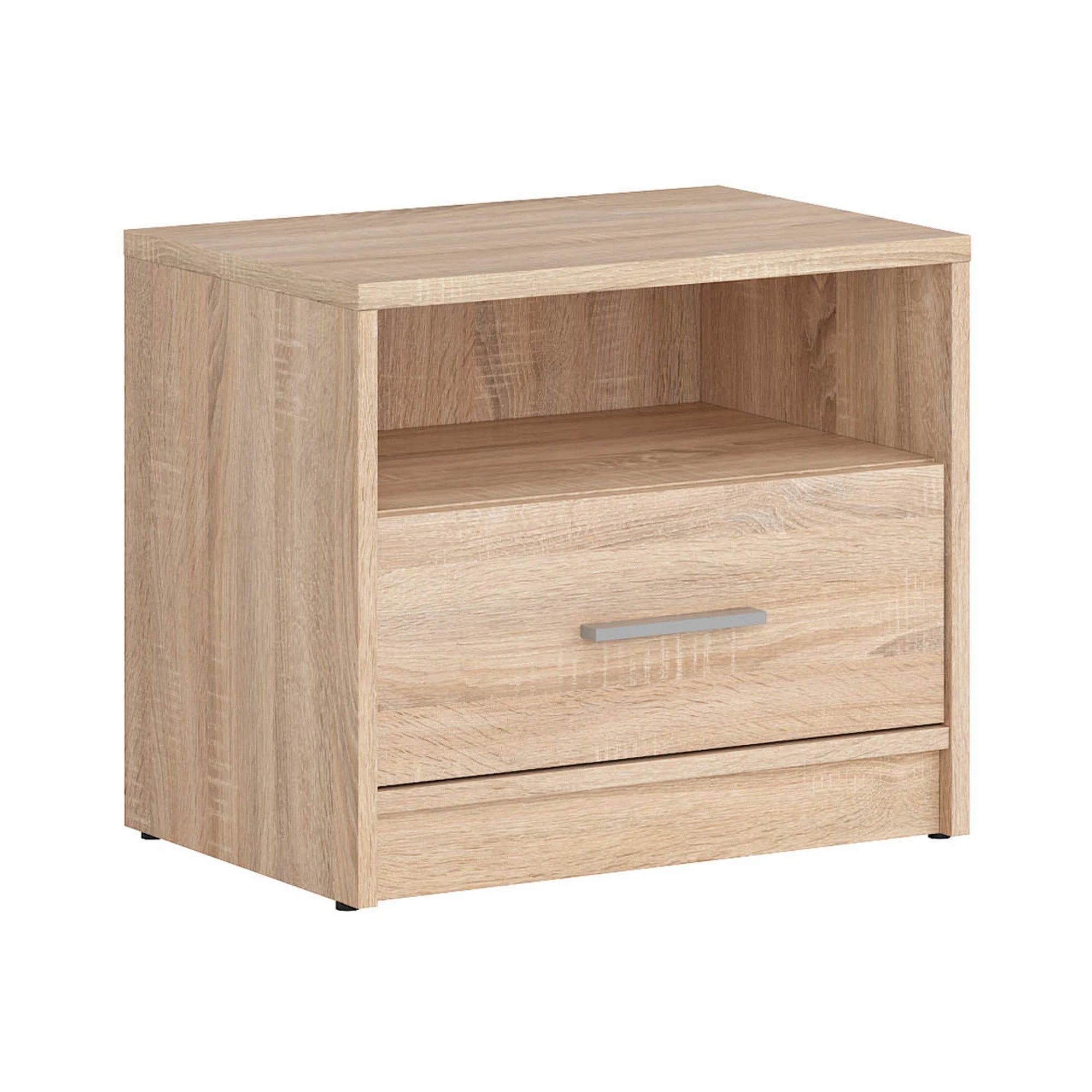Set dormitor NEPO PLUS, stejar sonoma, pat 140x200, dulap cu 2 usi, 2 comode si noptiera