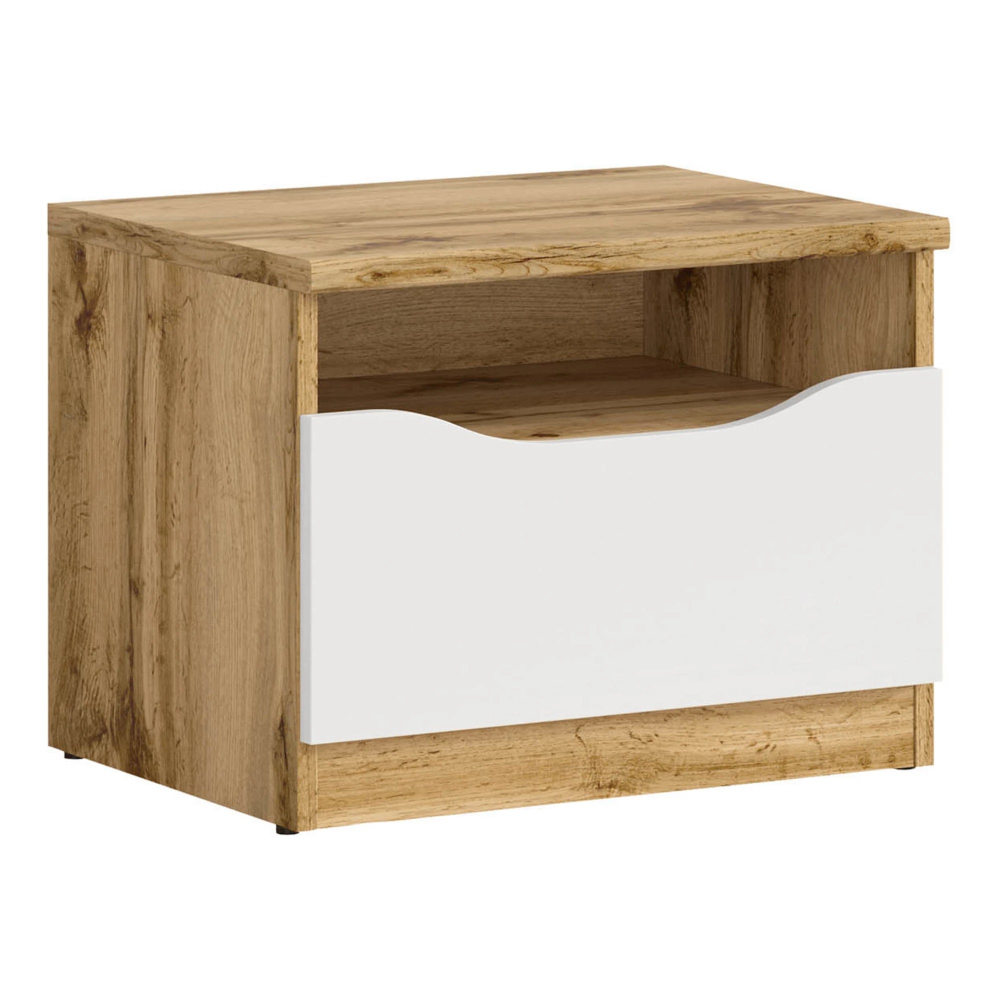 Set dormitor NUIS, stejar wotan/alb lucios, pat 160x200, dulap cu 4 usi, 2 noptiere si o comoda