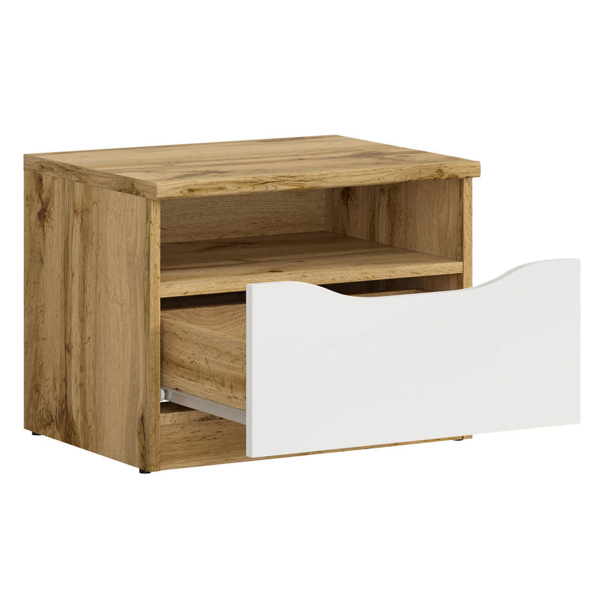 Set dormitor NUIS, stejar wotan/alb lucios, pat 160x200, dulap cu 4 usi, 2 noptiere si o comoda