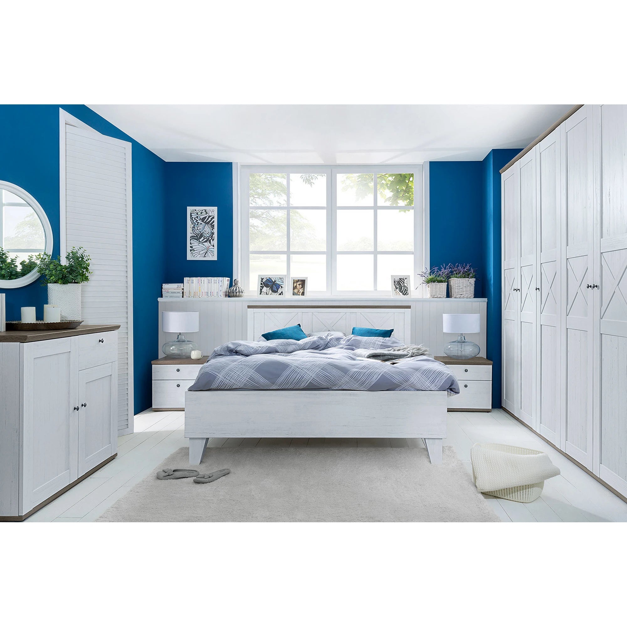 Set dormitor STOCKHOLM, pin alb andersen/stejar sonoma, pat 160x200, dulap cu 5 usi, 2 noptiere si comoda