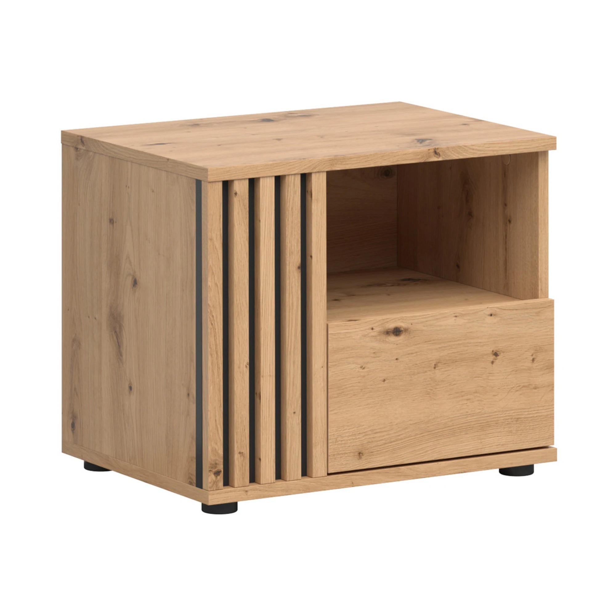 Set dormitor VABRES, stejar artisan/negru mat, pat 160x200, dulap cu 3 usi si 3 sertare, 2 noptiere si o comoda
