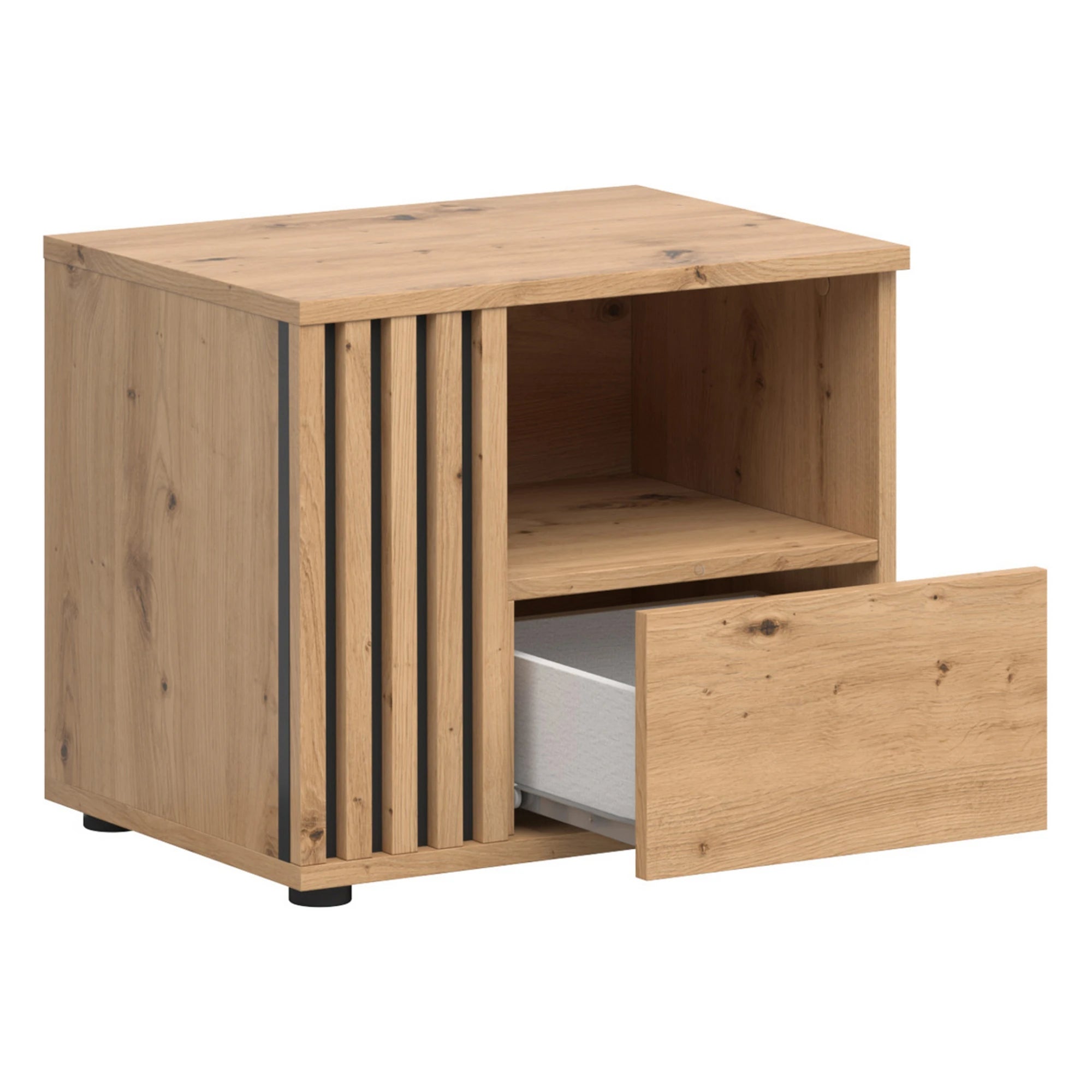 Set dormitor VABRES, stejar artisan/negru mat, pat 160x200, dulap cu 3 usi si 3 sertare, 2 noptiere si o comoda