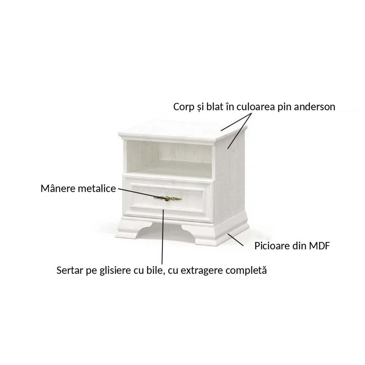 Noptiera pin alb anderson IRYS, PAL laminat, 49x41x47 cm