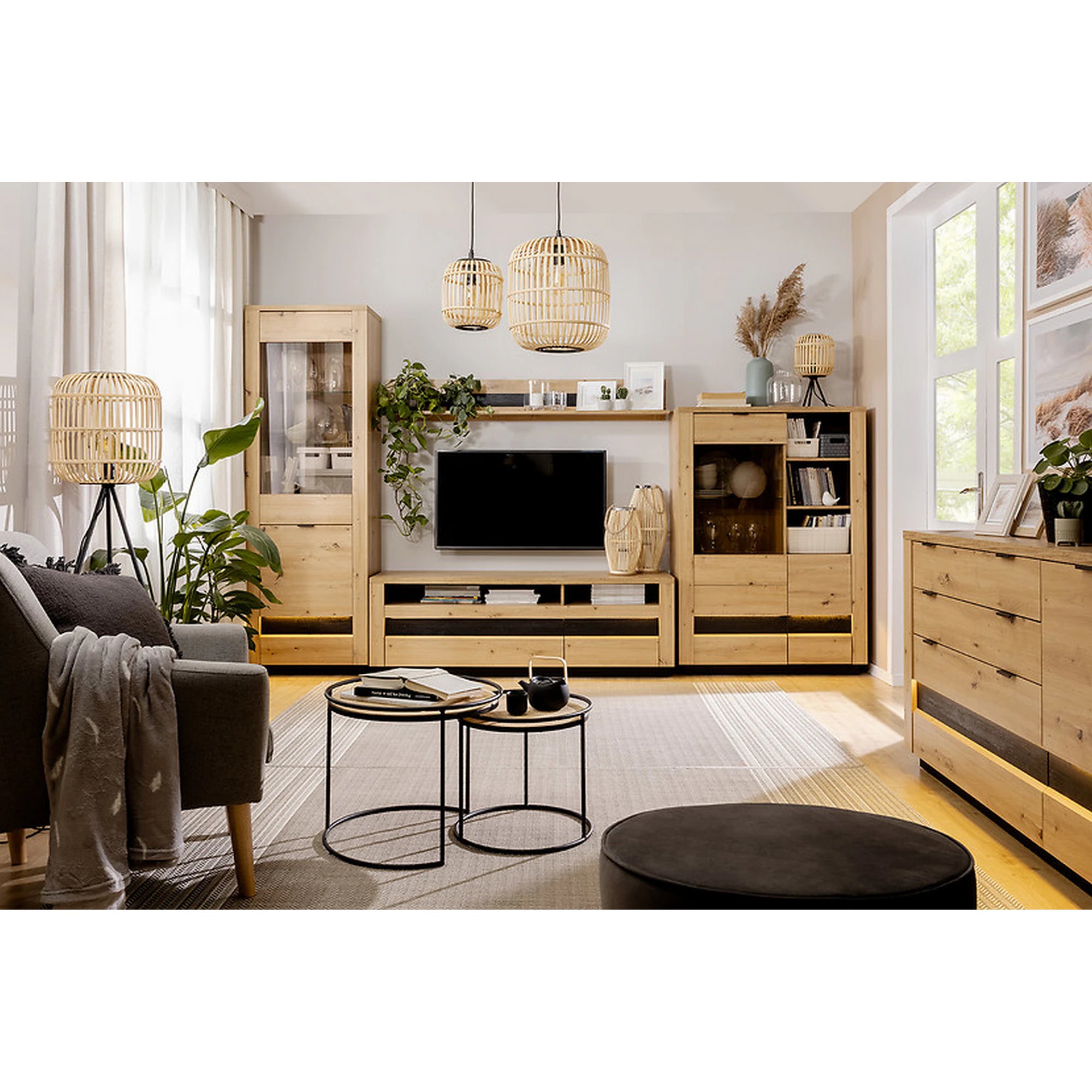 Comoda TV OSTIA, stejar artisan/negru, PAL, cu iluminare LED, 161x48x54 cm