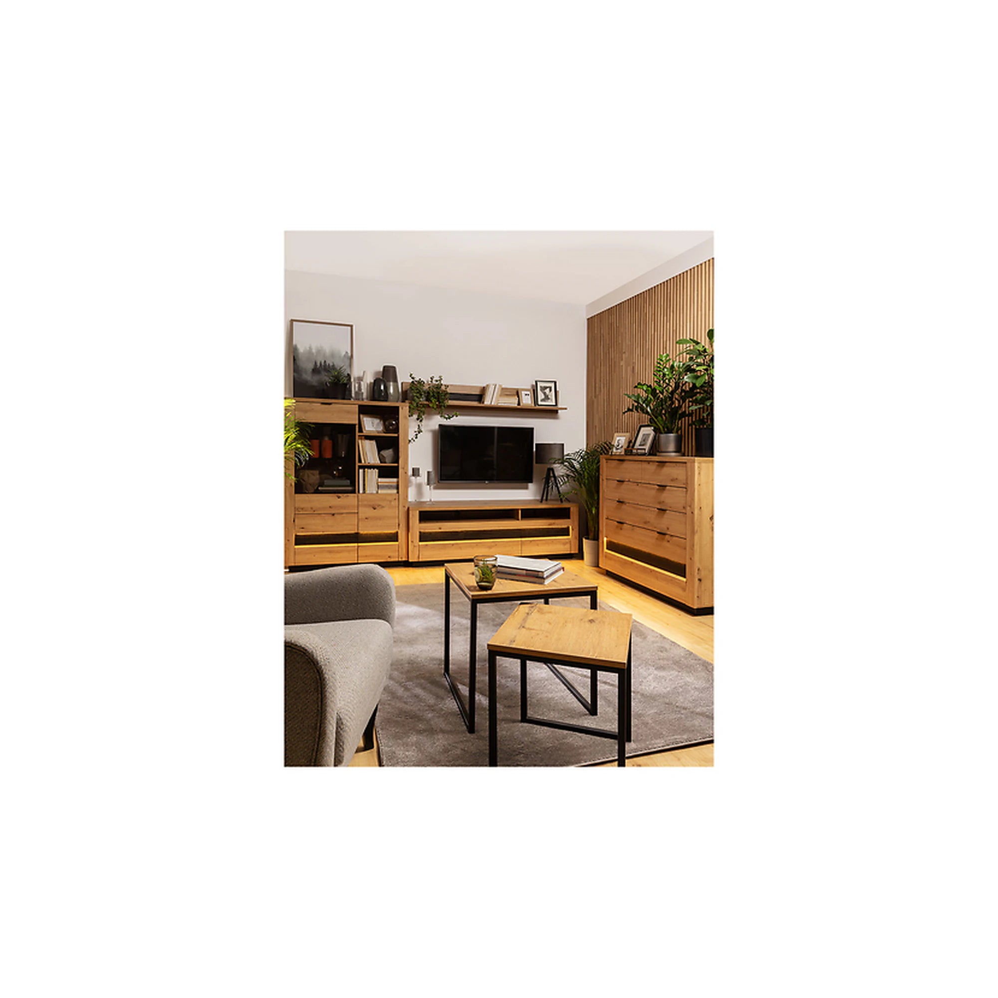 Comoda TV OSTIA, stejar artisan/negru, PAL, cu iluminare LED, 161x48x54 cm