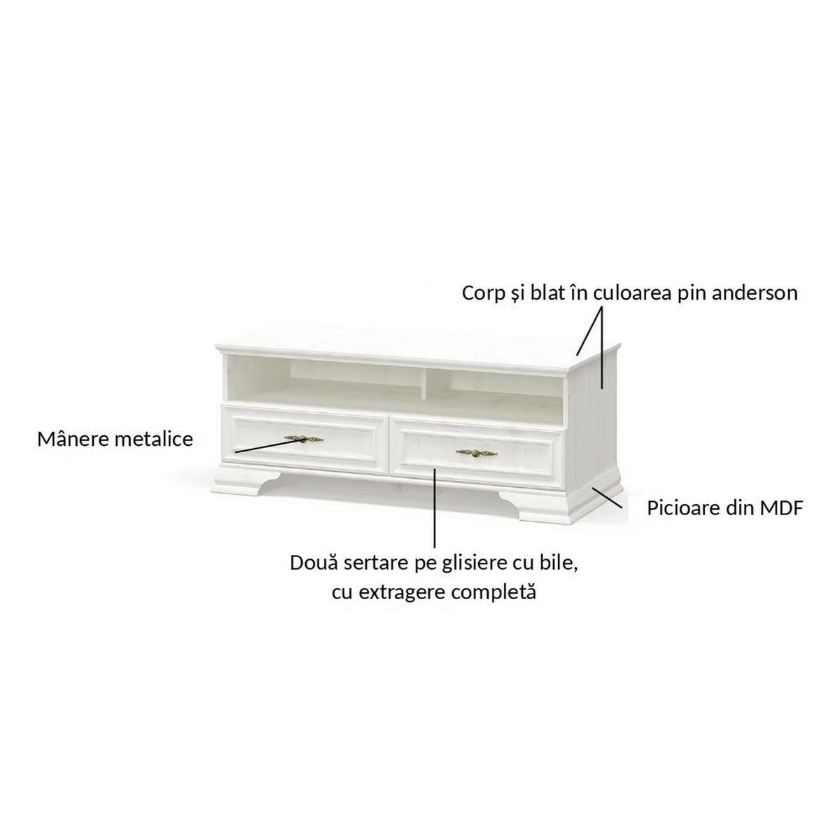 Comoda TV clasica IRYS, pin alb anderson, PAL laminat, 121x51x47 cm