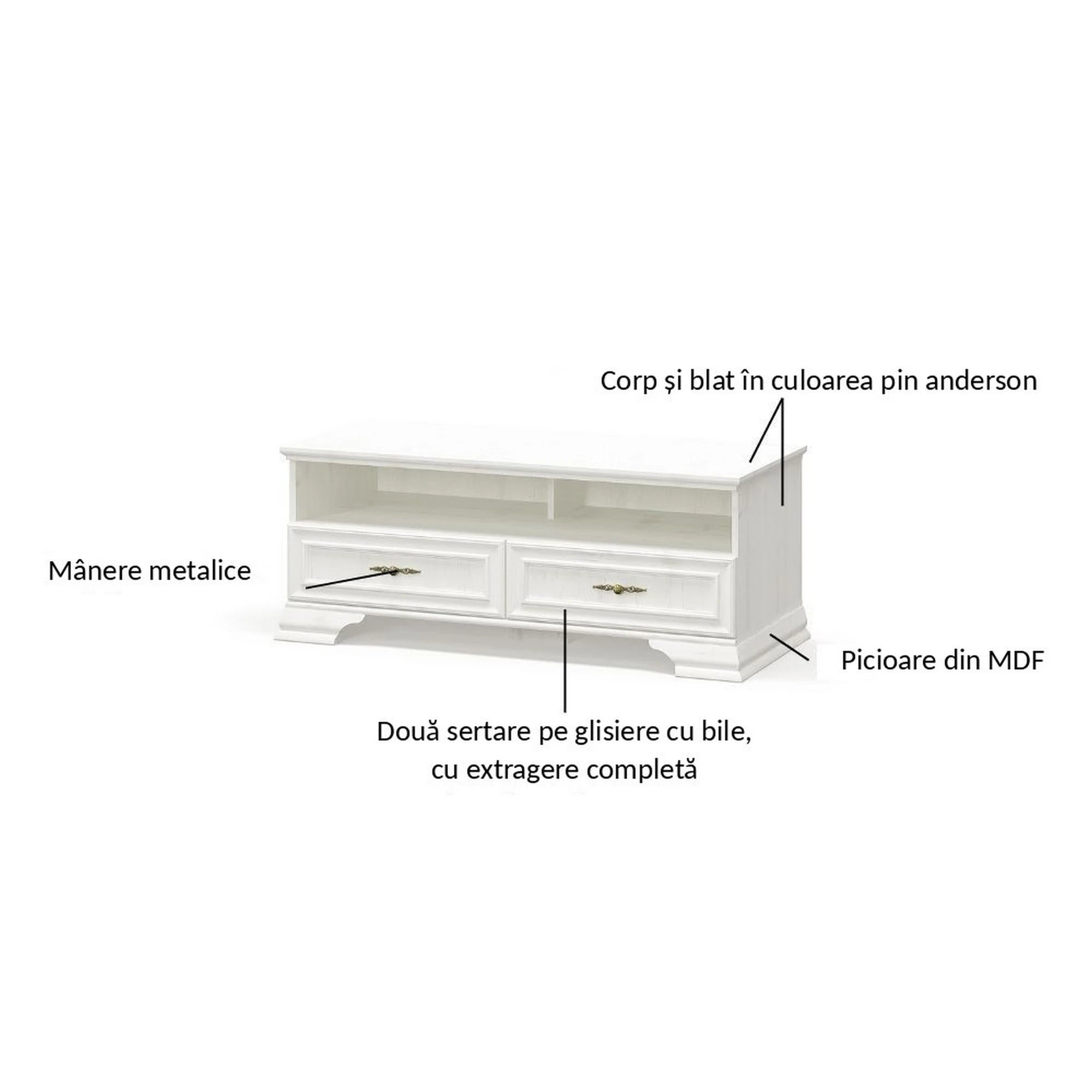 Comoda TV clasica IRYS, pin alb anderson, PAL laminat, 121x51x47 cm
