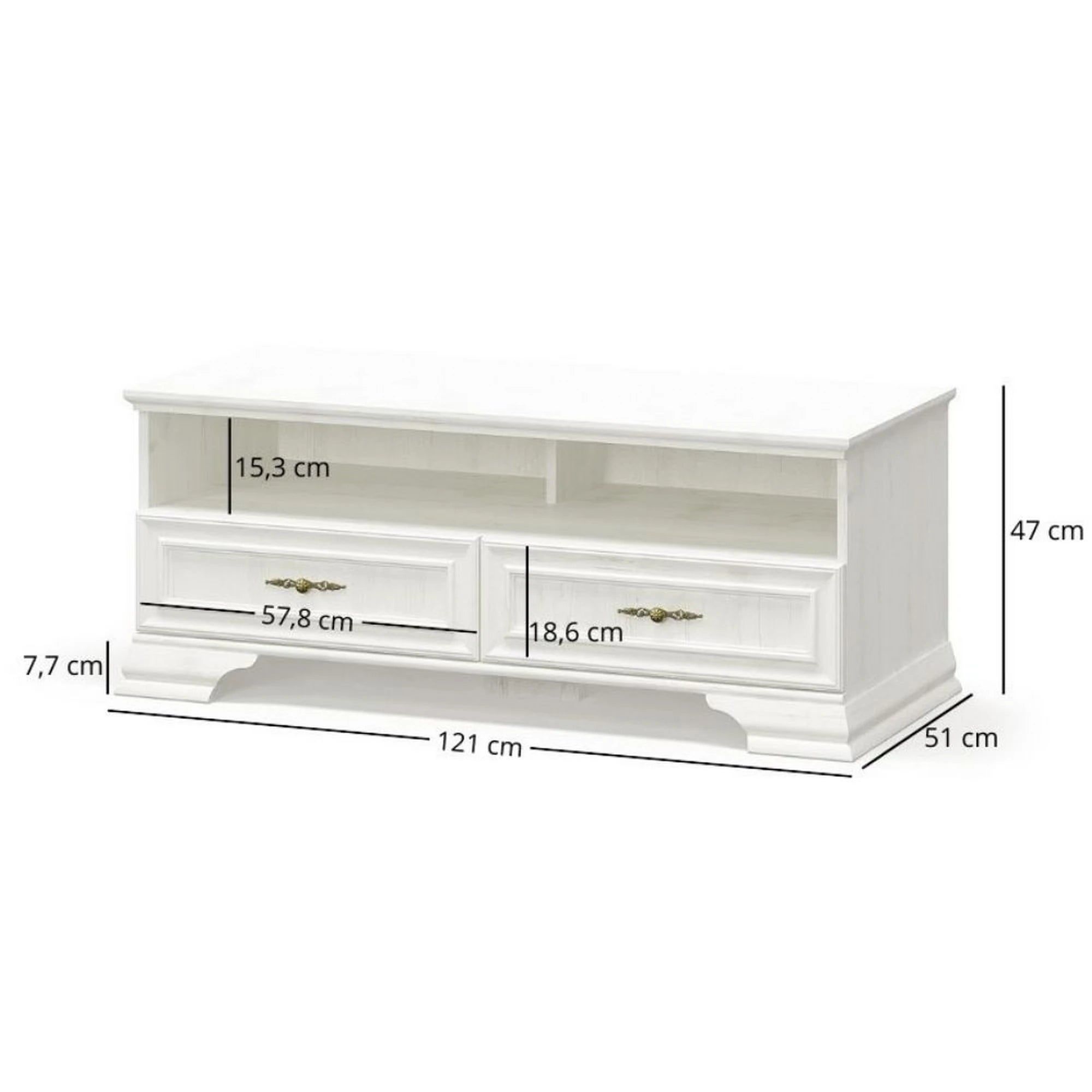Comoda TV clasica IRYS, pin alb anderson, PAL laminat, 121x51x47 cm