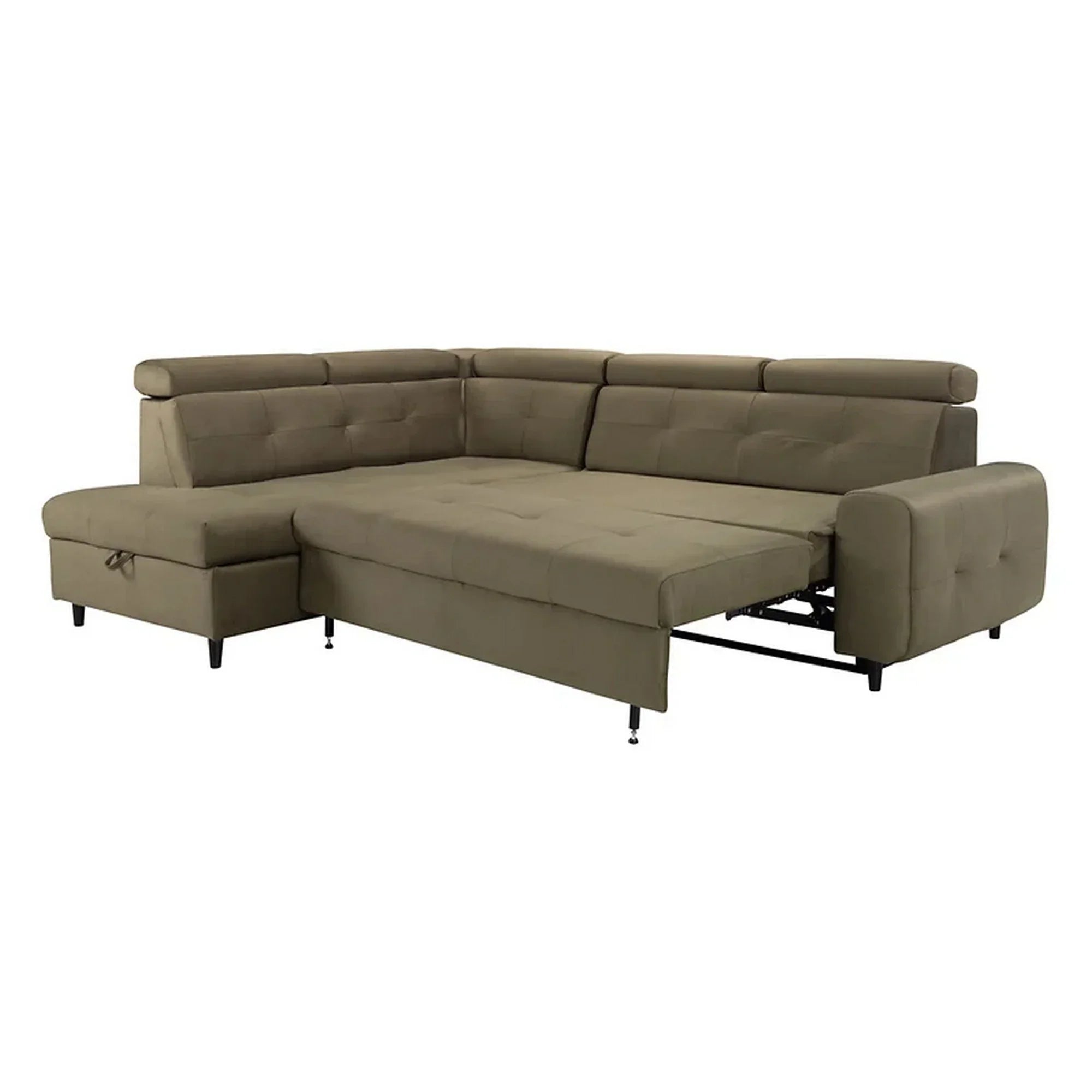 Coltar extensibil MATRAS, sezlong stanga, stofa catifelata verde olive - Letto 38, cu lada depozitare si tetiere reglabile, 263x205x98 cm