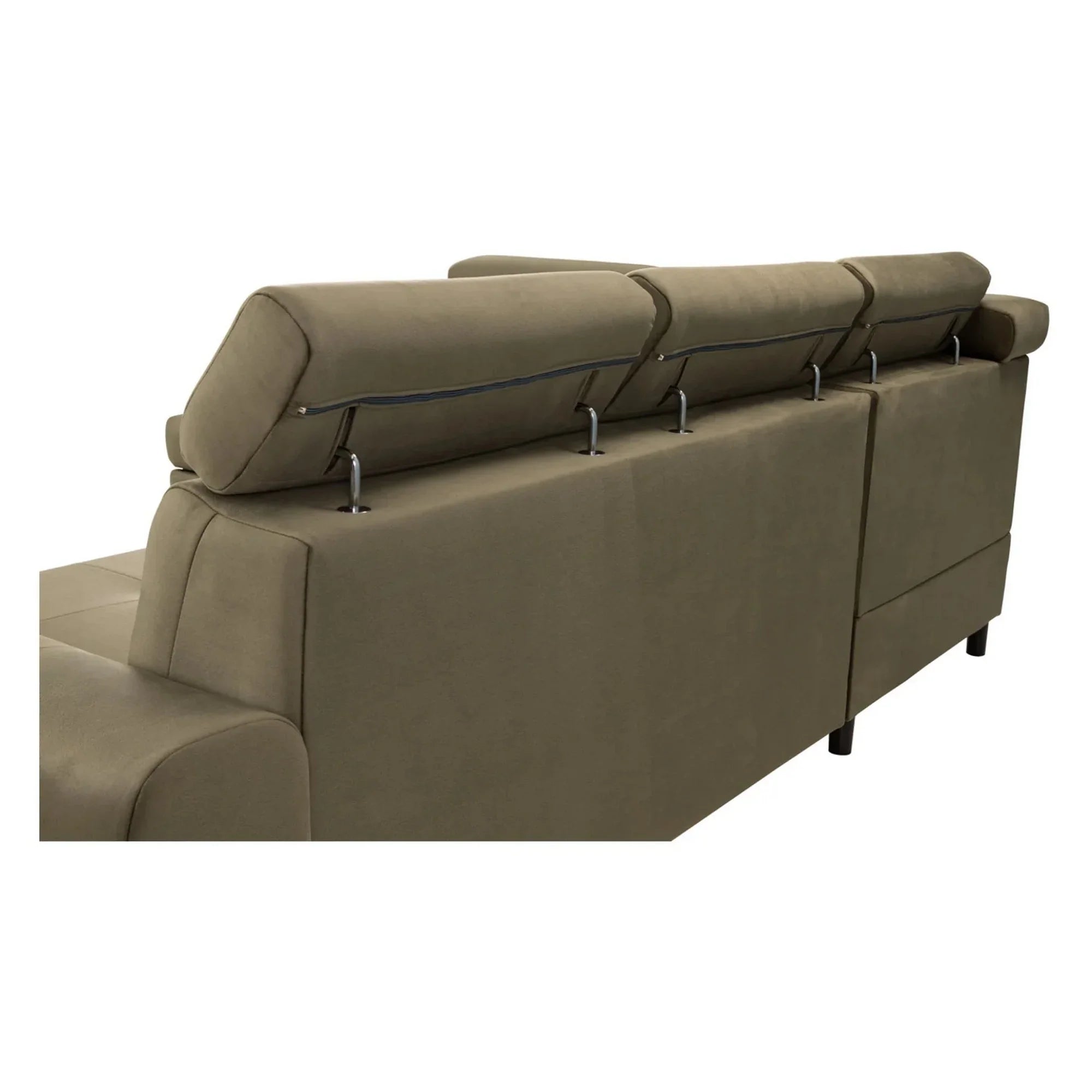 Coltar extensibil MATRAS, sezlong stanga, stofa catifelata verde olive - Letto 38, cu lada depozitare si tetiere reglabile, 263x205x98 cm