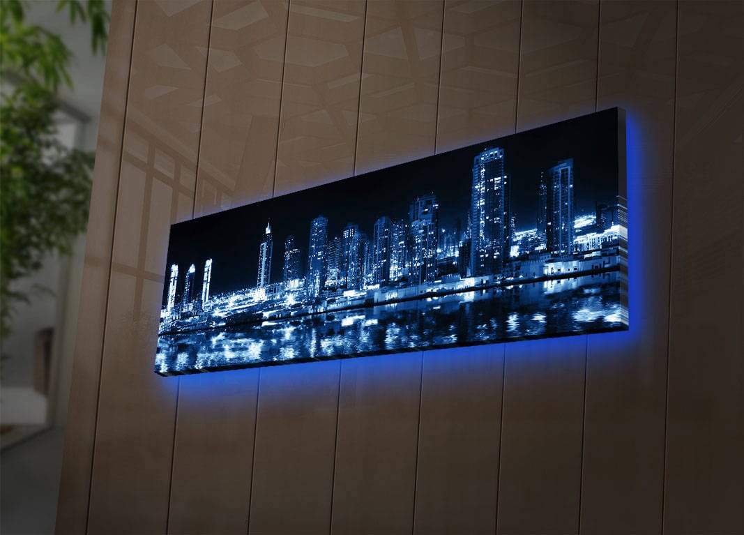 Tablou 3090DACT-6, albastru/negru, panza, cu iluminare LED,  90x30 cm