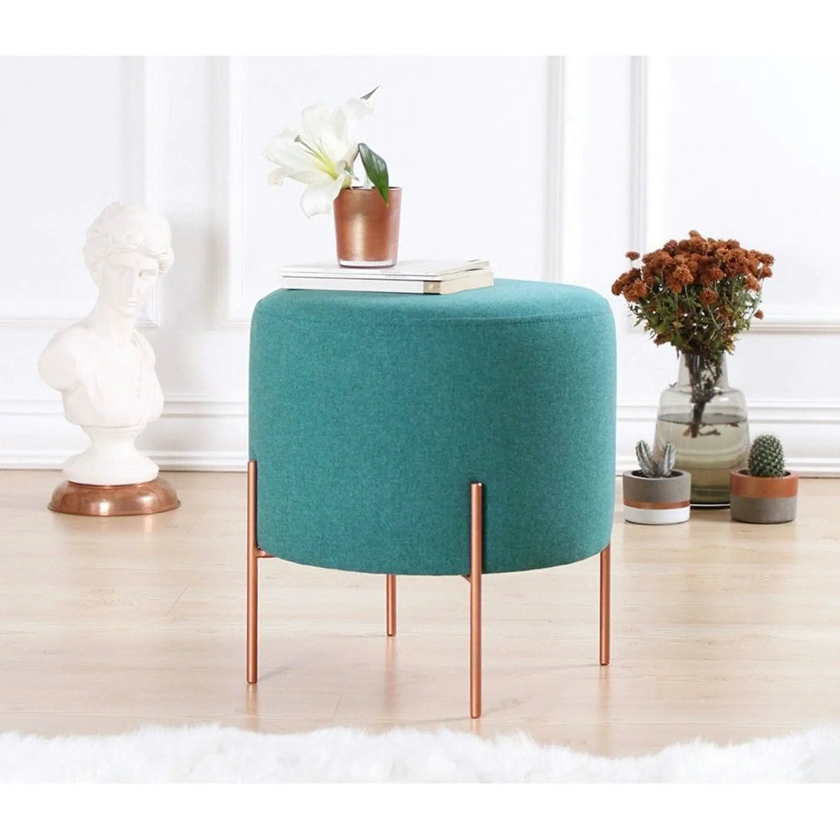 Taburet COPPER 45, verde/cupru, material textil/otel, 40x40x42 cm
