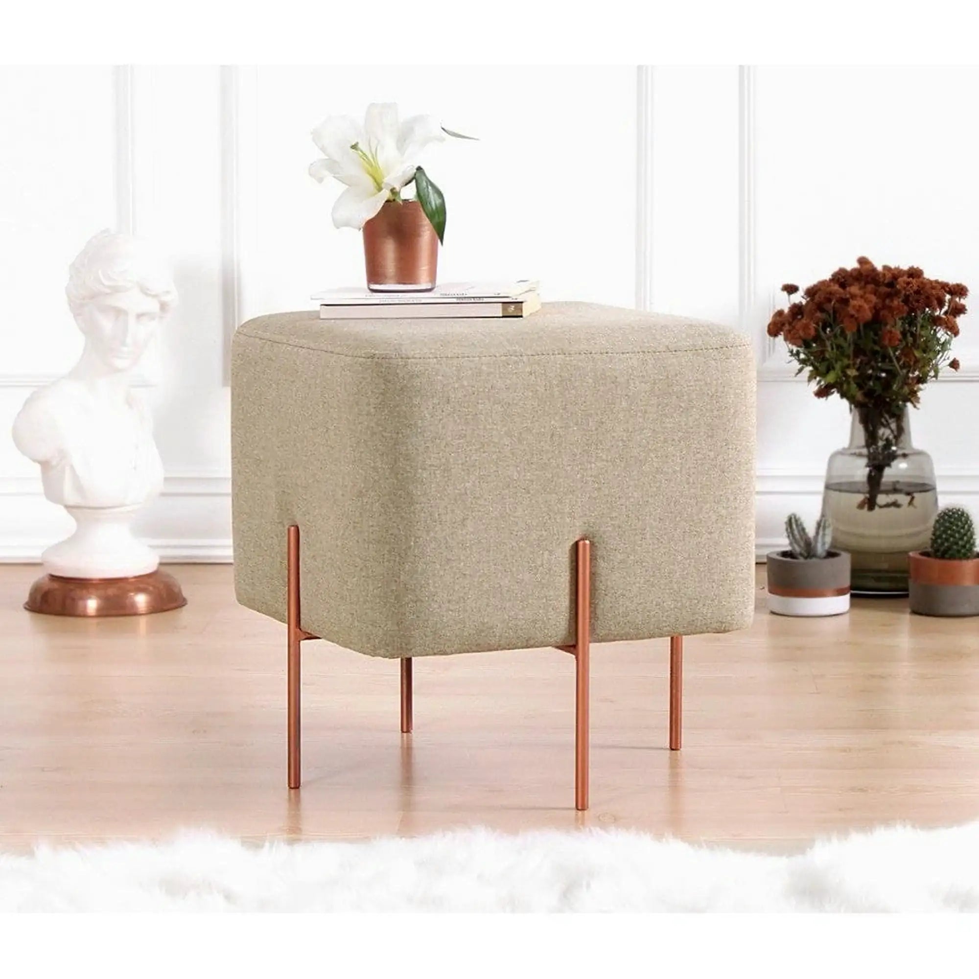 Taburet COPPER 60, stofa clasica bej/cupru, 40x40x42 cm