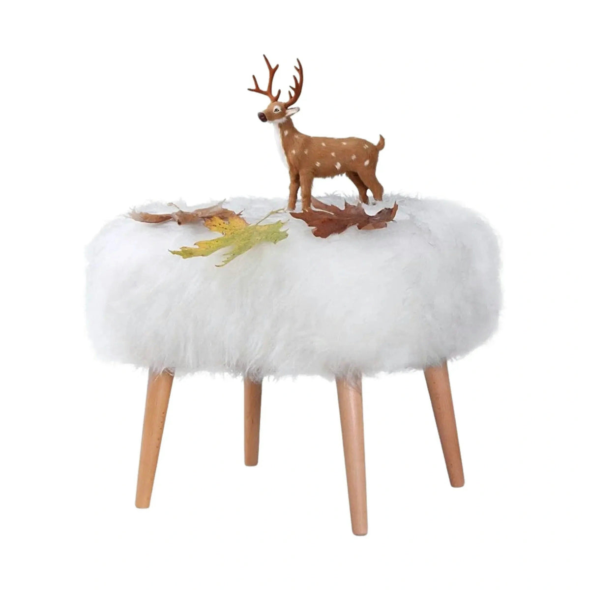 Taburet DEER, alb/stejar, blana artificiala/lemn, 50x42x45 cm