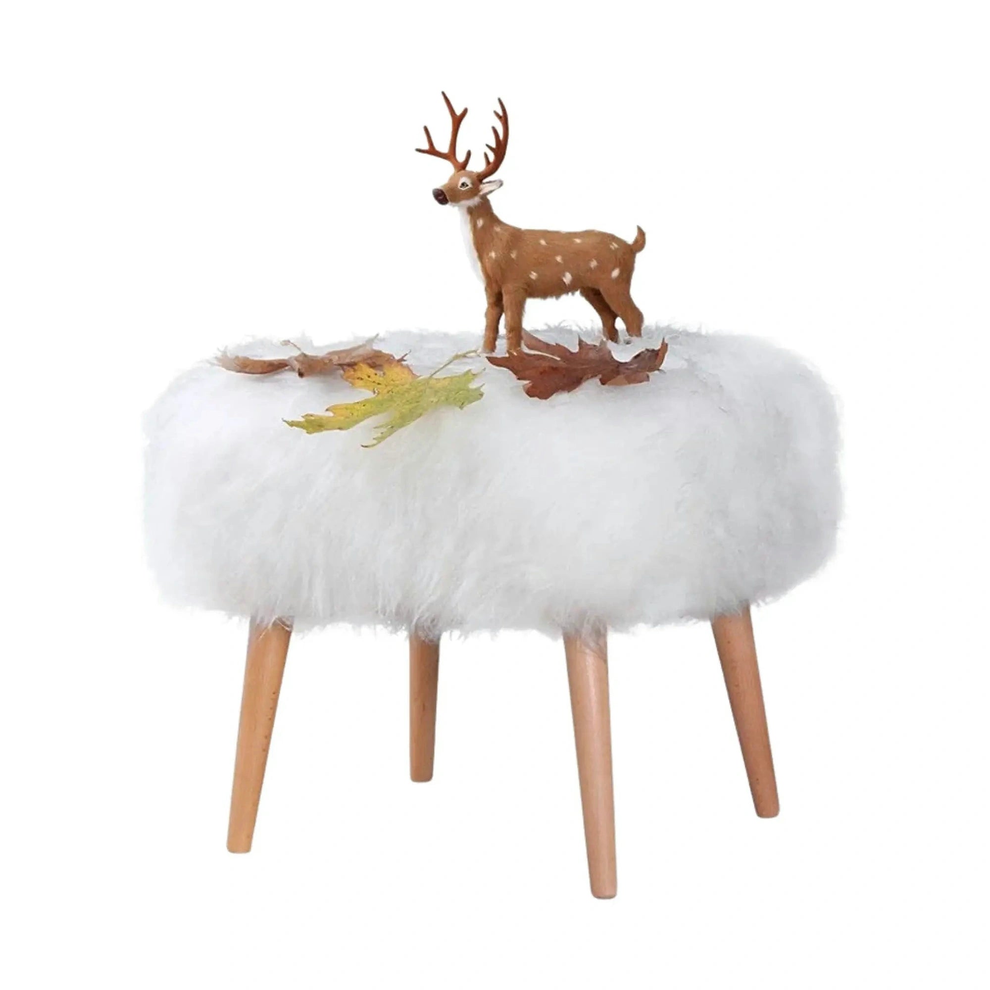 Taburet DEER, alb/stejar, blana artificiala/lemn, 50x42x45 cm