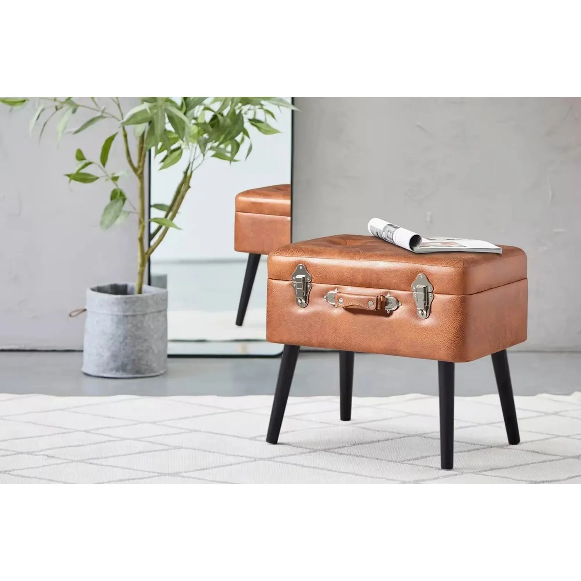 Taburet KEVIN, maro/negru, piele ecologica/lemn, 50x35x46 cm