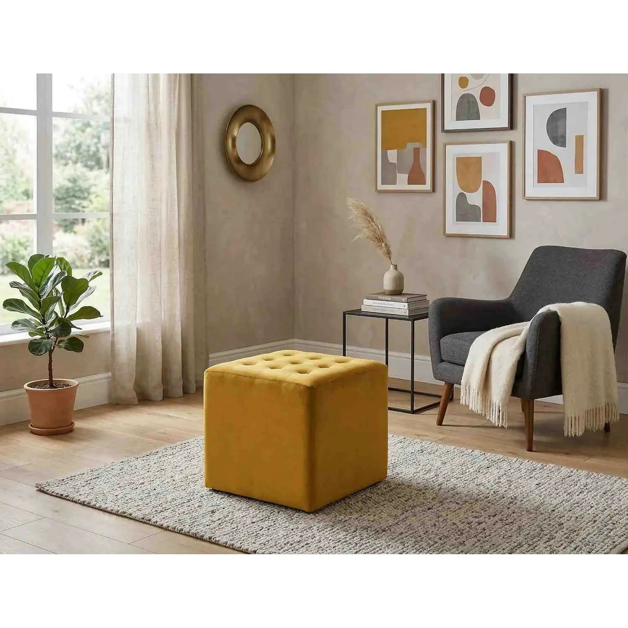 Taburet LORI, stofa catifelata galben - Bluvel 68, 39x39x34 cm