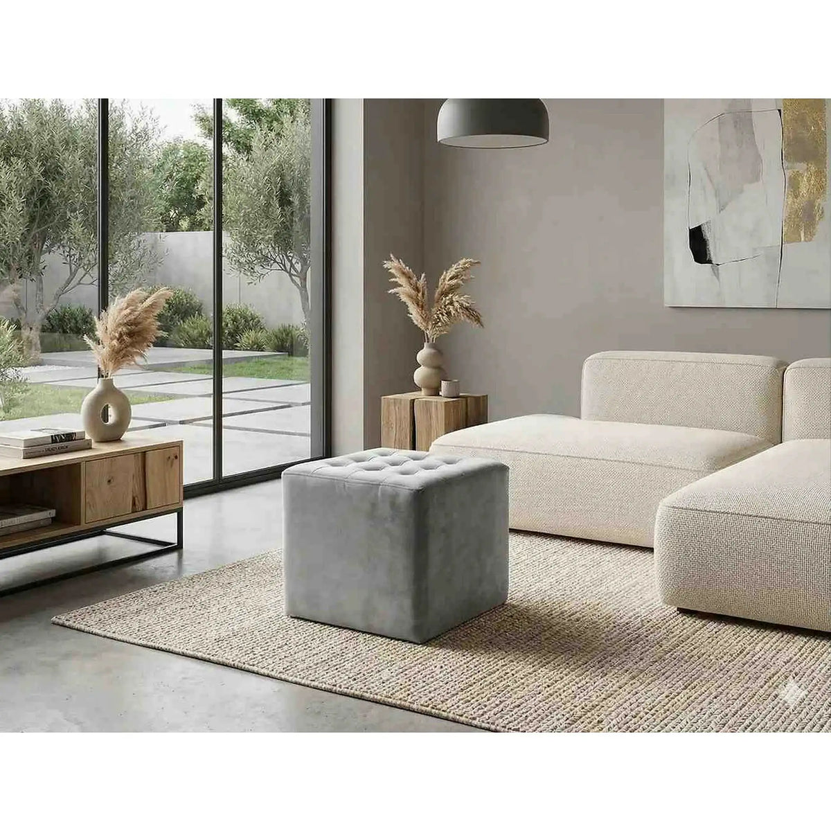 Taburet LORI, stofa catifelata gri deschis, 39x39x34 cm