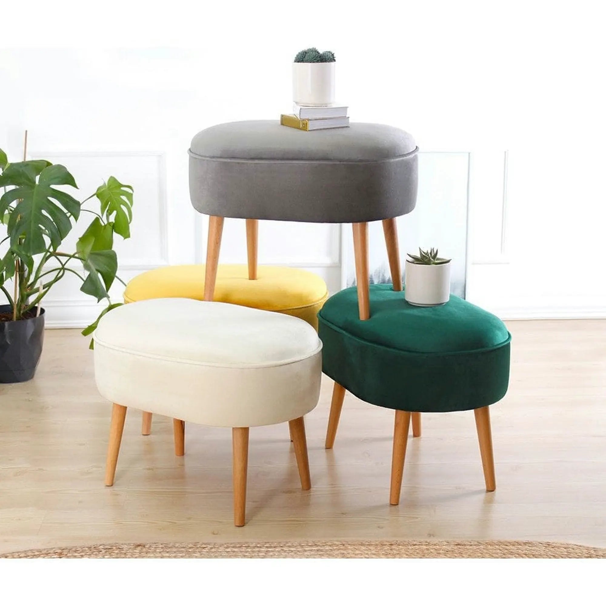 Taburet MOILE, stofa catifelata gri, 63x44x47 cm