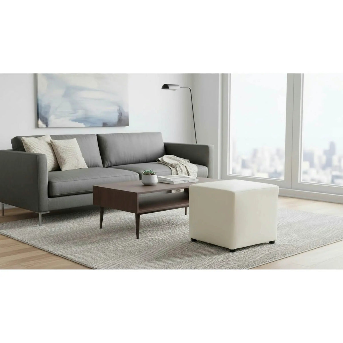 Taburet NIKI NEW, alb, piele ecologica, 36x36x36 cm