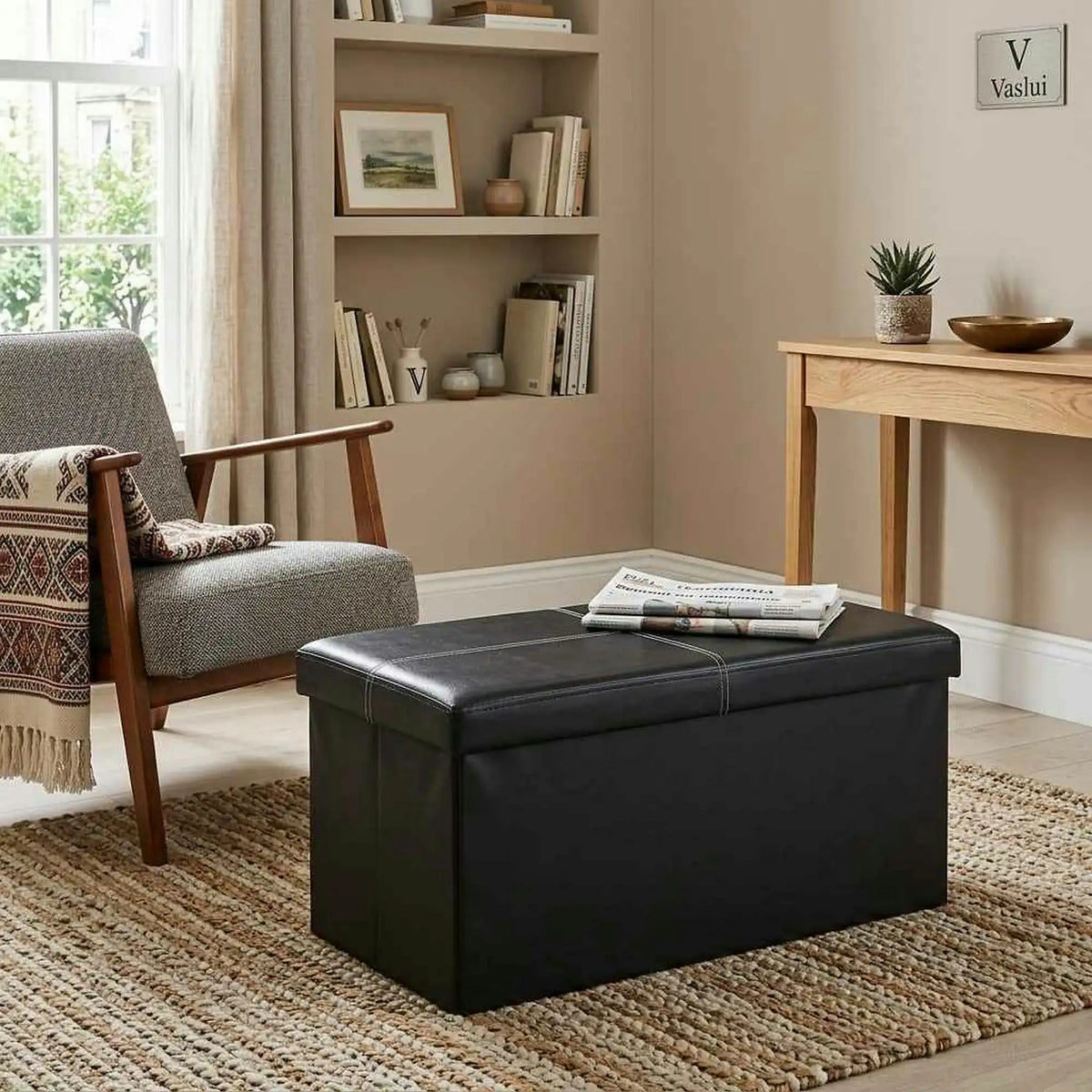 Taburet pliabil IMRA, negru, piele ecologica, cu spatiu depozitare, 76x38x38 cm