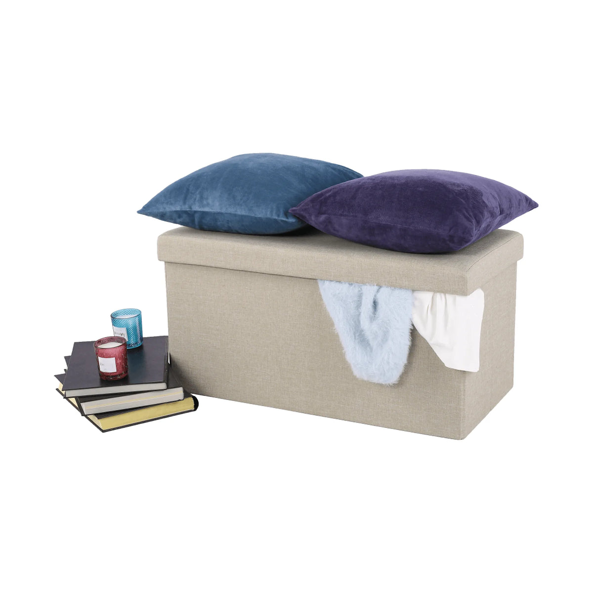 Taburet pliabil ORELIA, stofa clasica bej, cu spatiu depozitare, 76x38x38 cm