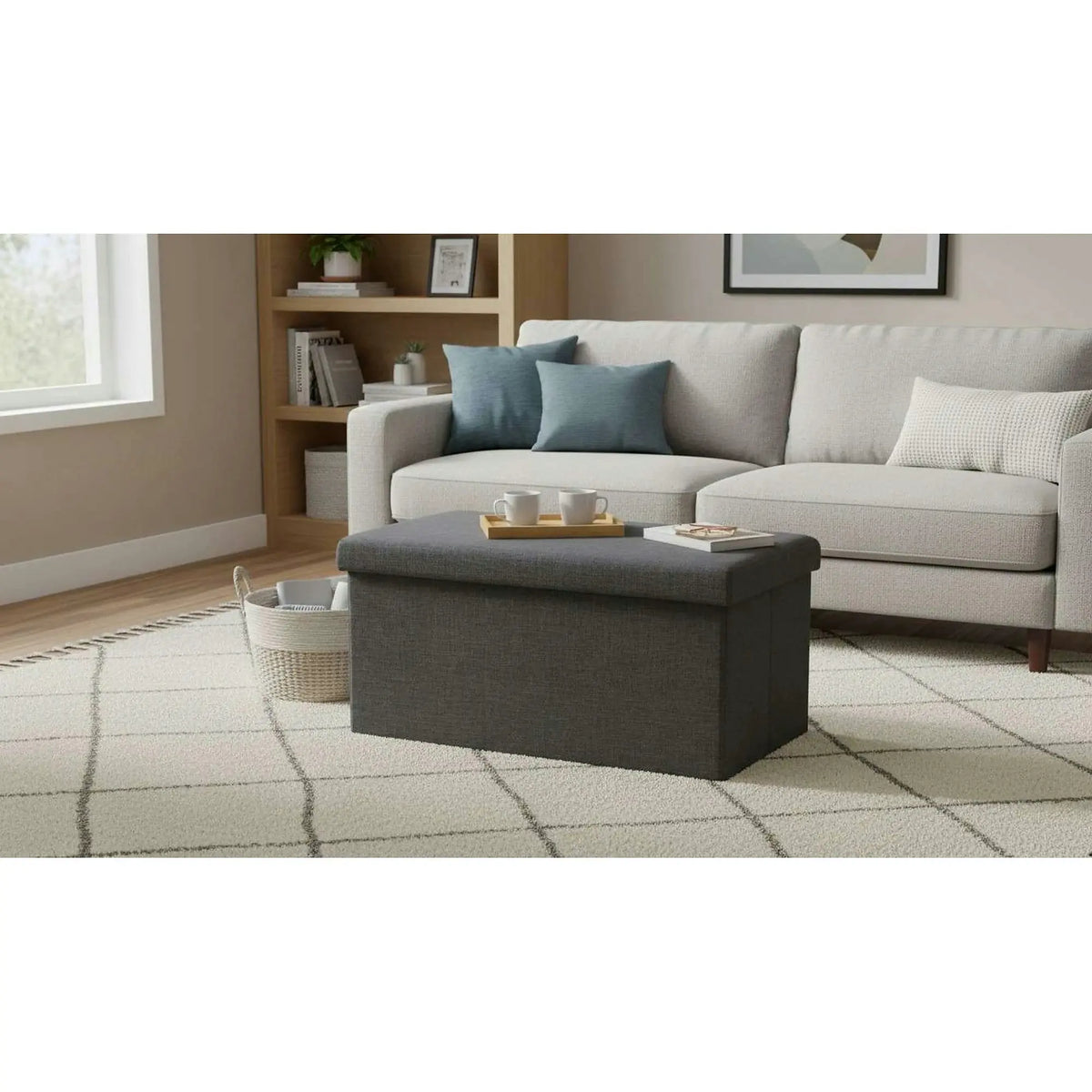 Taburet pliabil ORELIA, stofa clasica gri inchis, cu spatiu depozitare, 76x38x38 cm