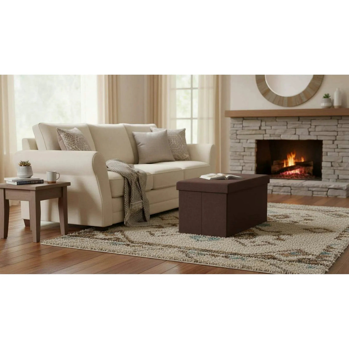 Taburet pliabil ORELIA, stofa clasica maro, cu spatiu depozitare, 76x38x38 cm