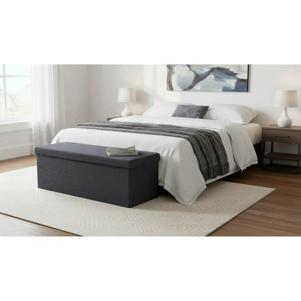 Taburet pliabil UMINA, stofa clasica gri inchis, cu spatiu depozitare, 114x38x38 cm
