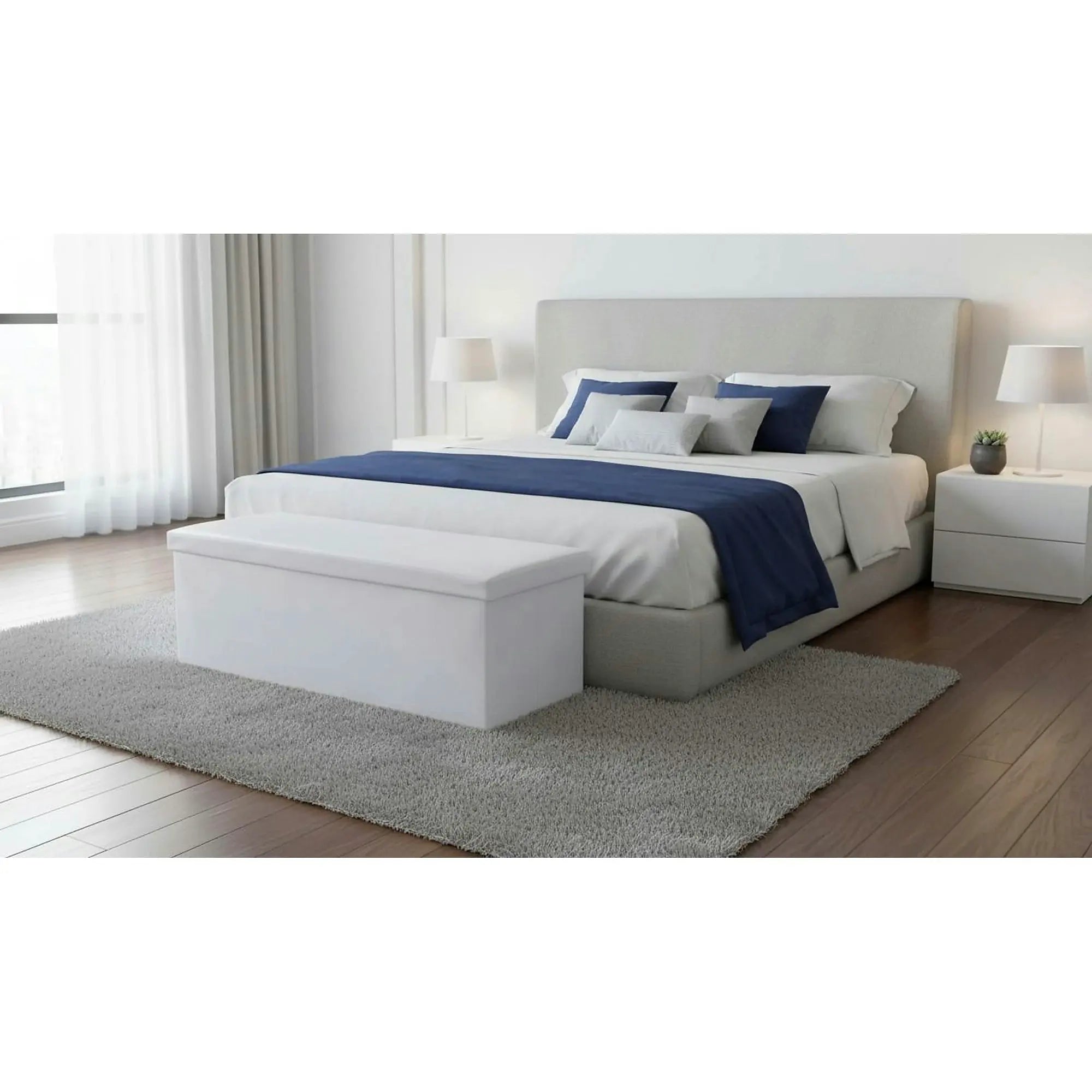 Taburet pliabil ZAMIRA, alb, piele ecologica, cu spatiu depozitare, 114x38x38 cm