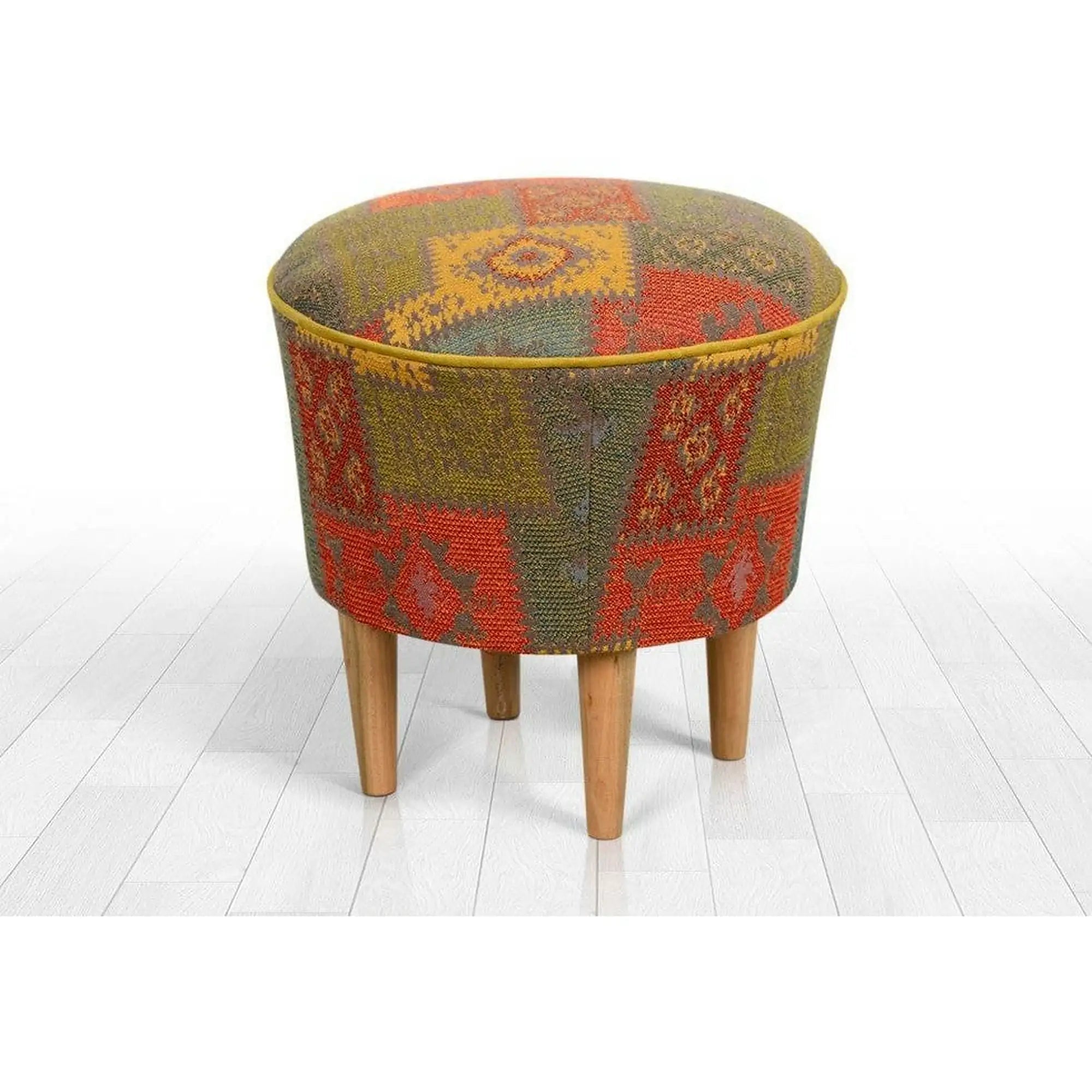 Taburet RUG V2, multicolor/stejar, material textil/lemn, 42x42x42 cm