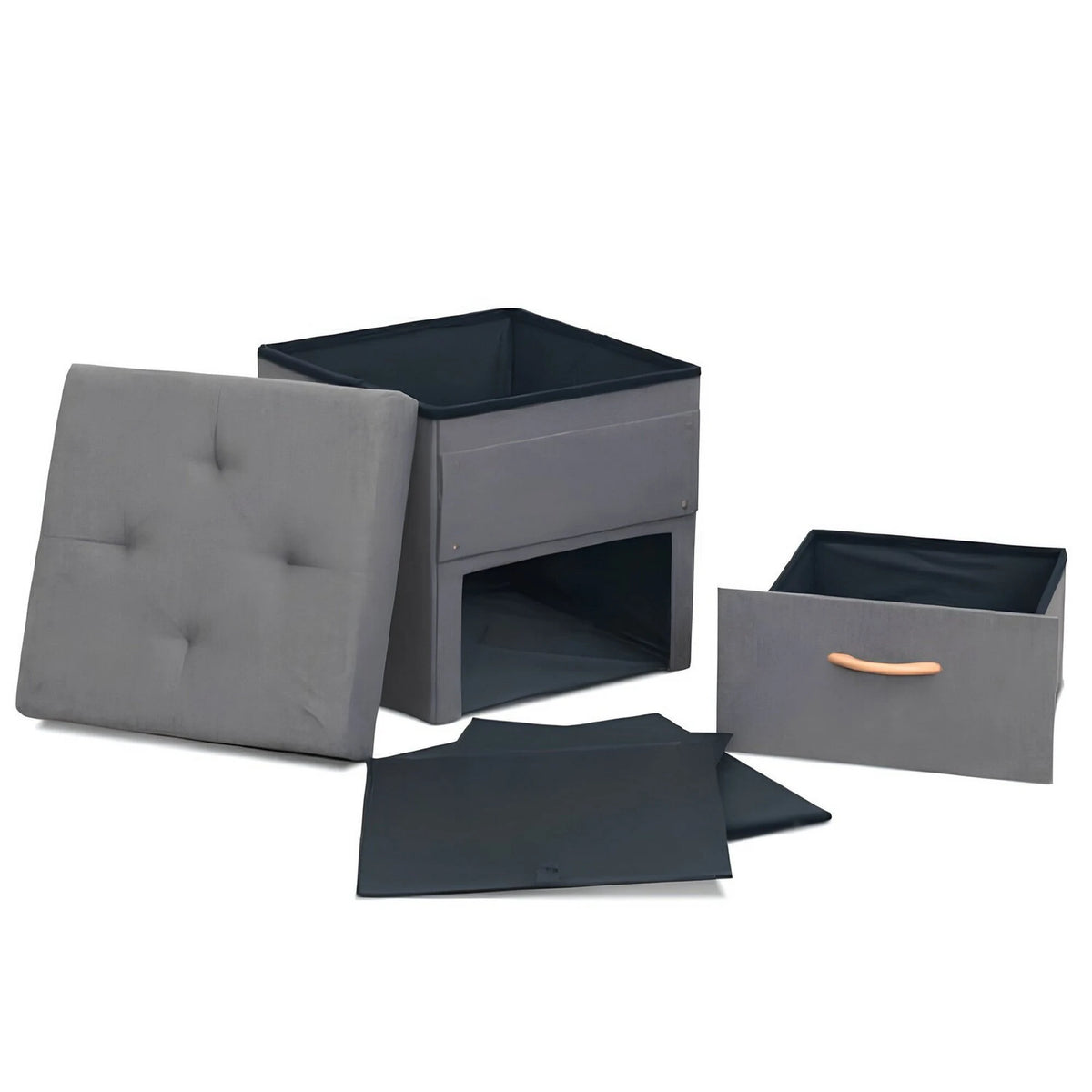 Taburet SULOT TYP 1, stofa clasica gri inchis, cu spatiu depozitare, 42x42x43 cm