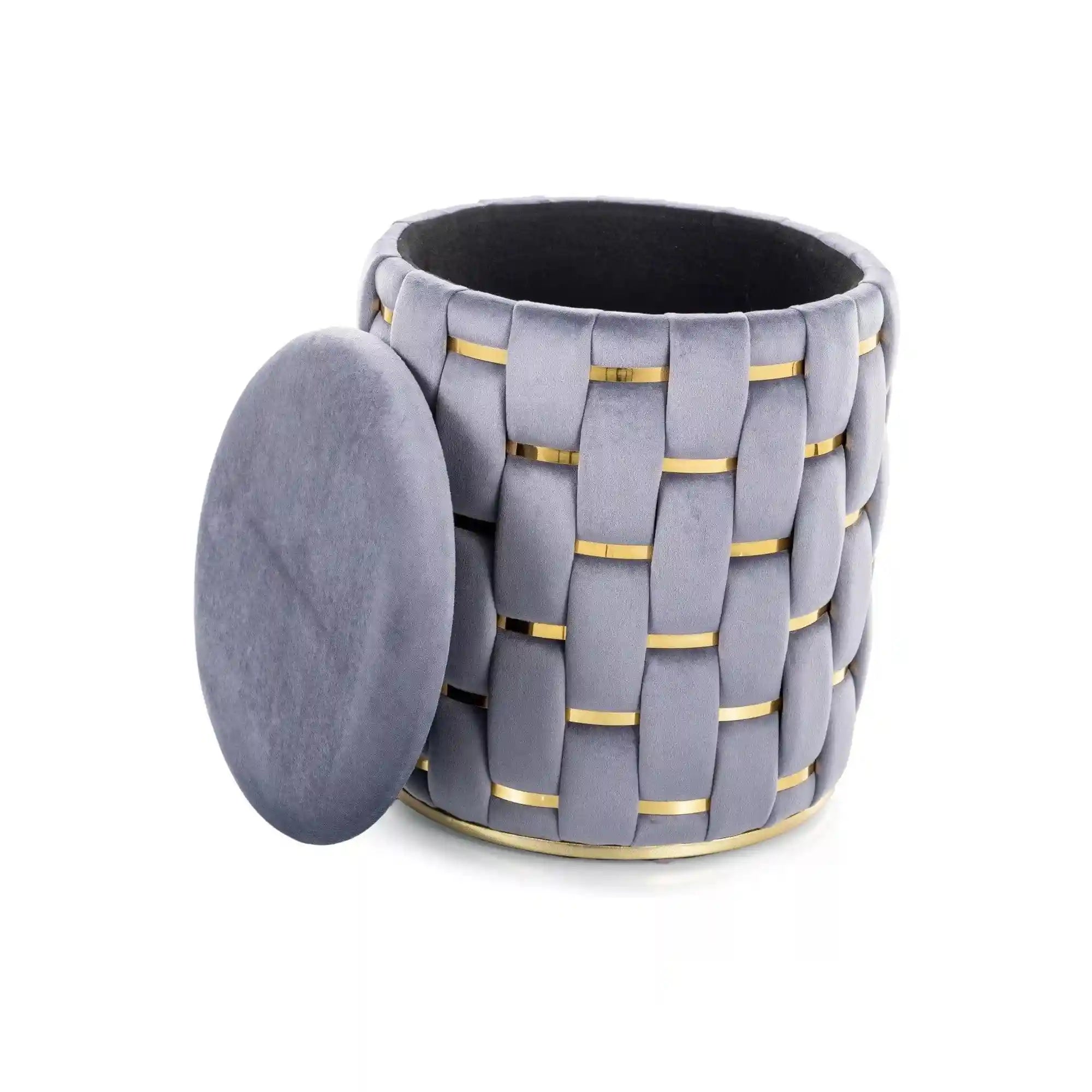 Taburet TIARA, gri/auriu, stofa catifelata, 37x37x42 cm