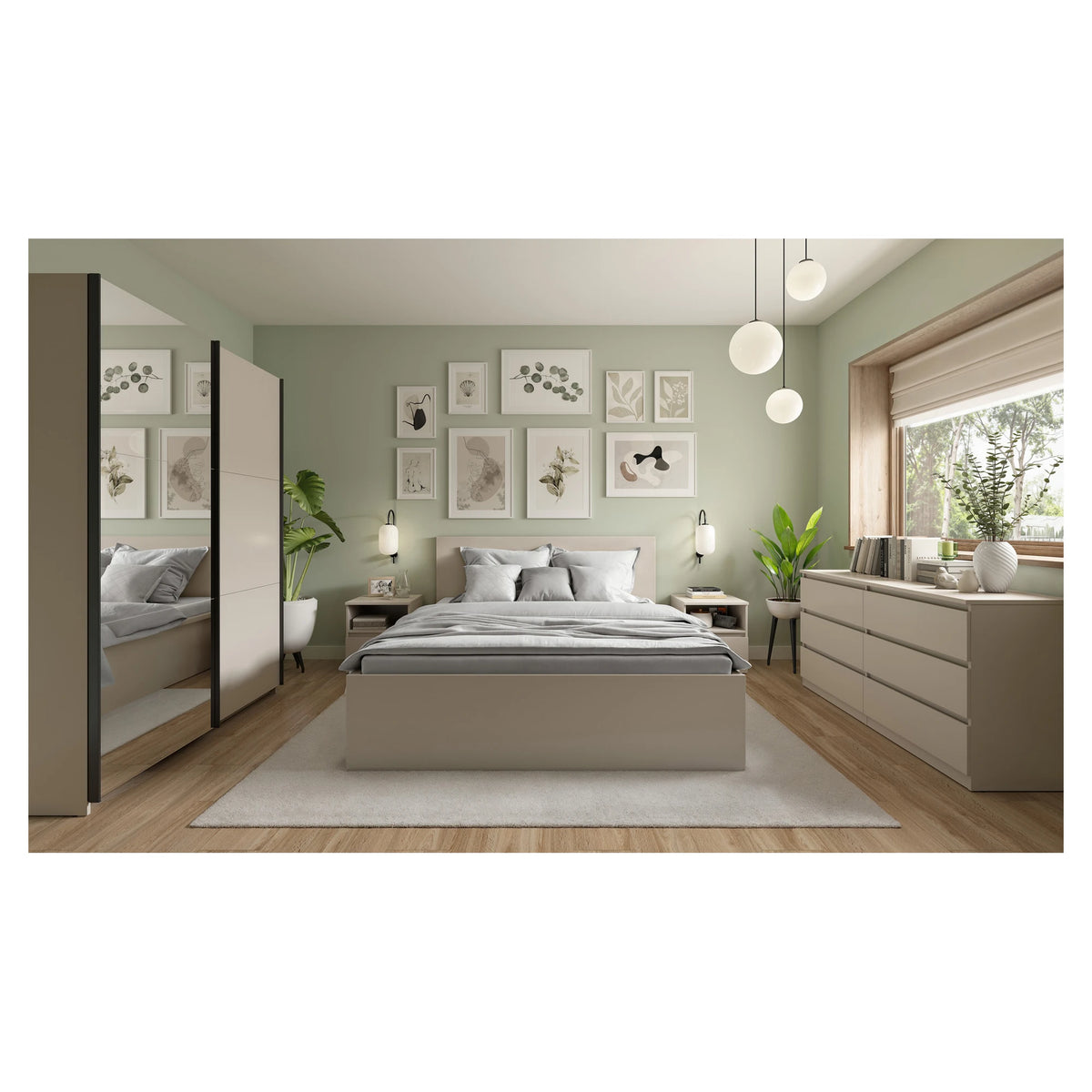 Set dormitor TETRIX, casmir, pat 160x200, dulap cu 5 usi, 2 noptiere si o comoda
