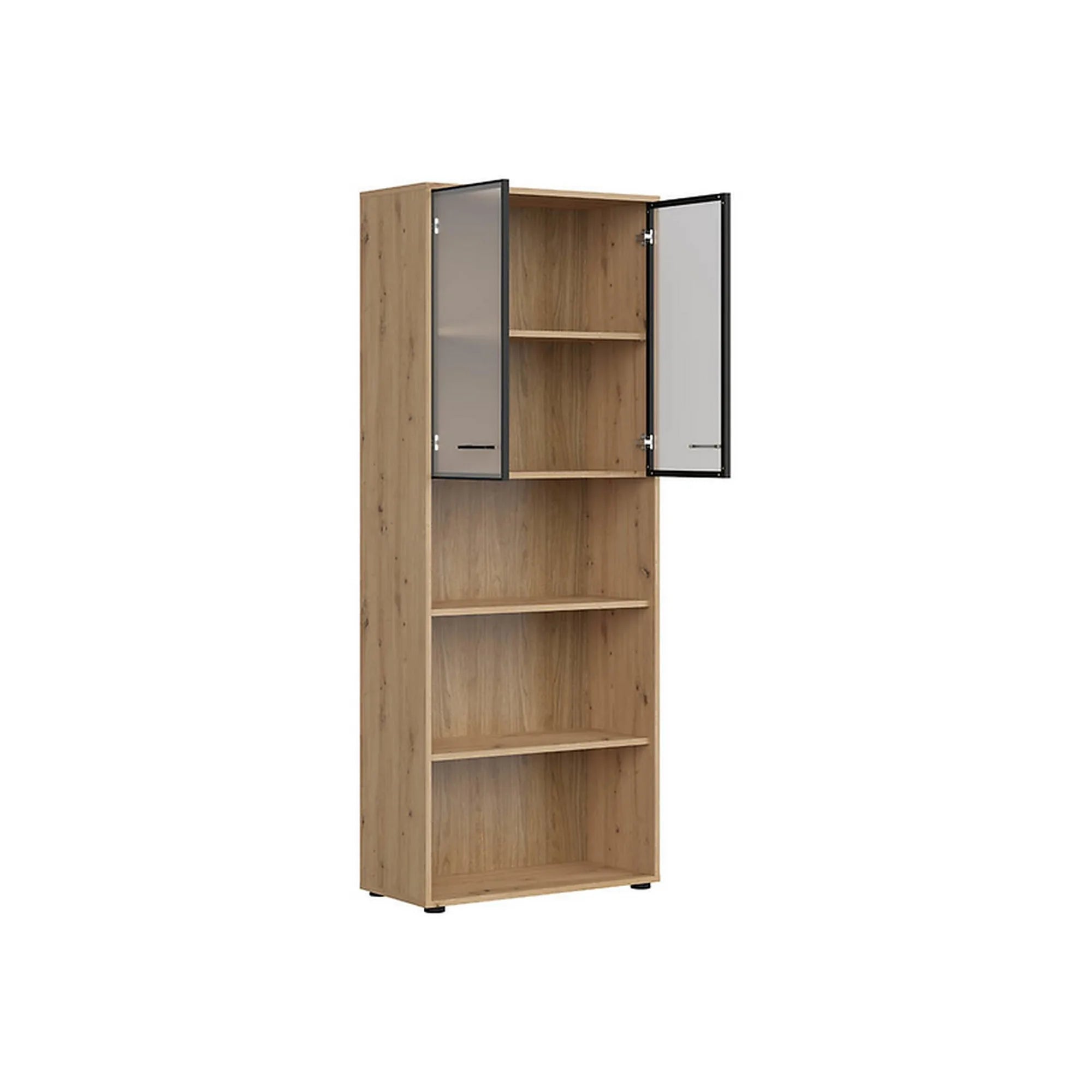 Vitrina SPACE OFFICE, stejar artisan/negru fumuriu, PAL laminat/sticla, cu 2 usi si 3 rafturi, 80x38x203 cm