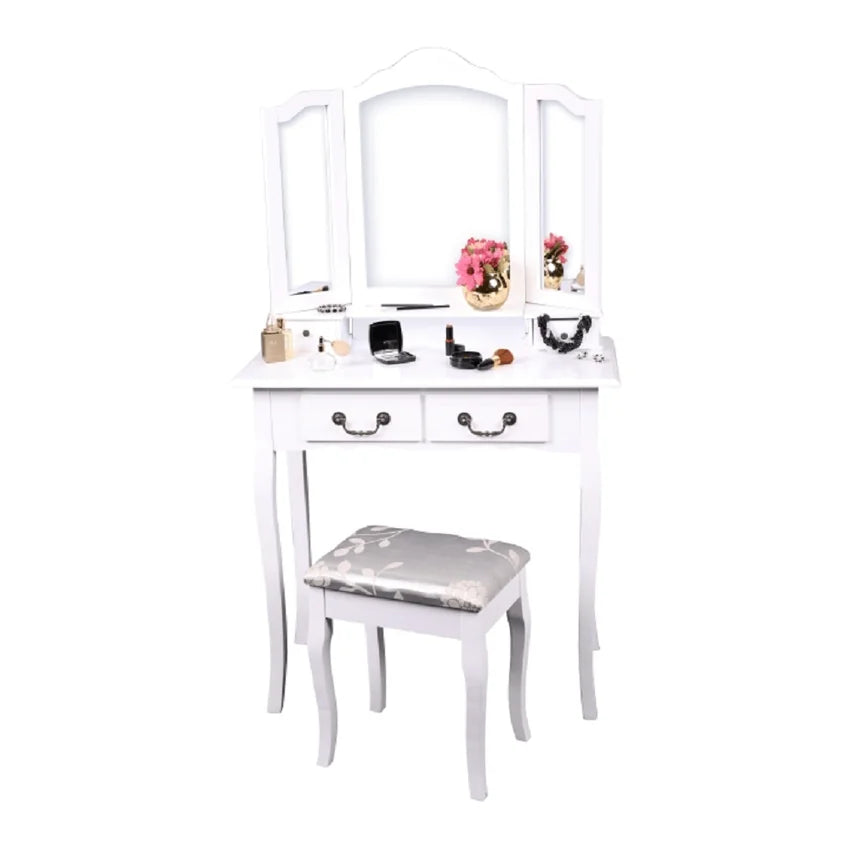Masa de toaleta REGINA NEW, alb/argintiu, cu taburet si oglinda, 80x40x142 cm