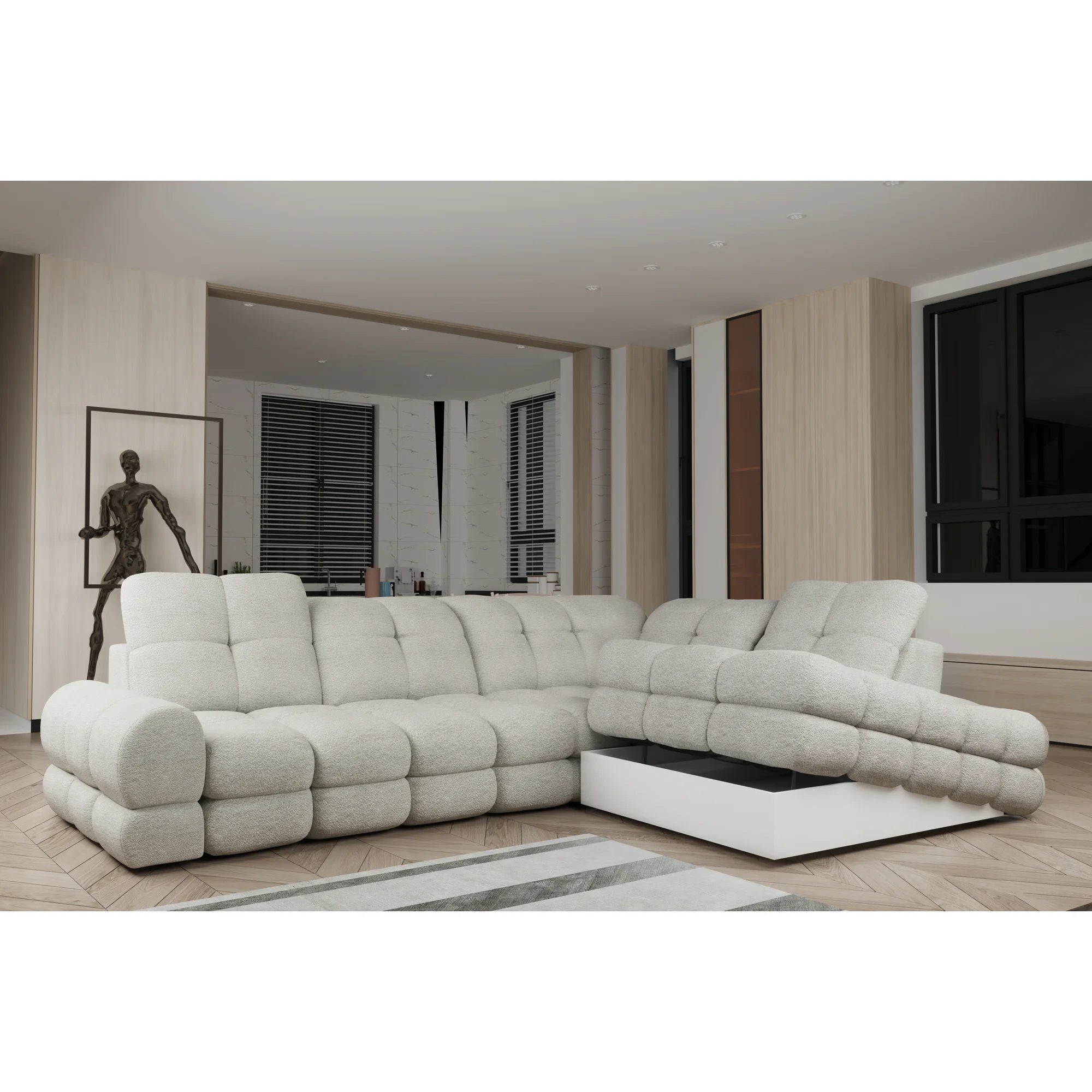 Coltar extensibil TOLLO L, personalizabil materiale gama Premium, cu lada depozitare si reglaj electric, 302x217x105 cm