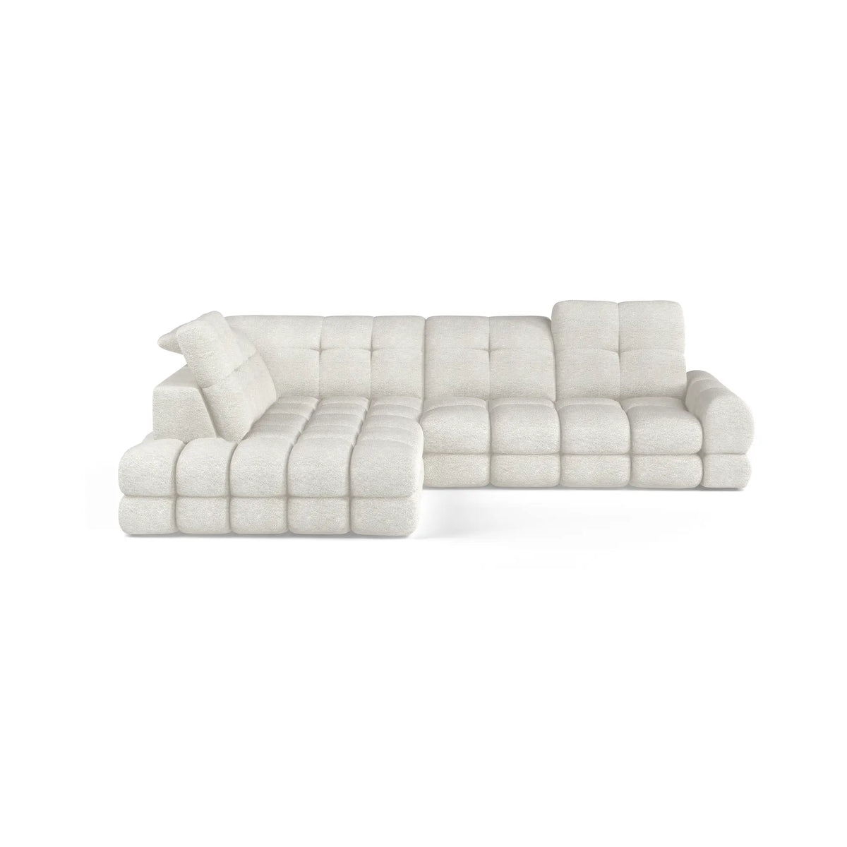Coltar extensibil TOLLO L, sezlong stanga, stofa buclata alb - Bubble 01, Gama Premium, cu lada depozitare si reglaj electric, 302x217x105 cm