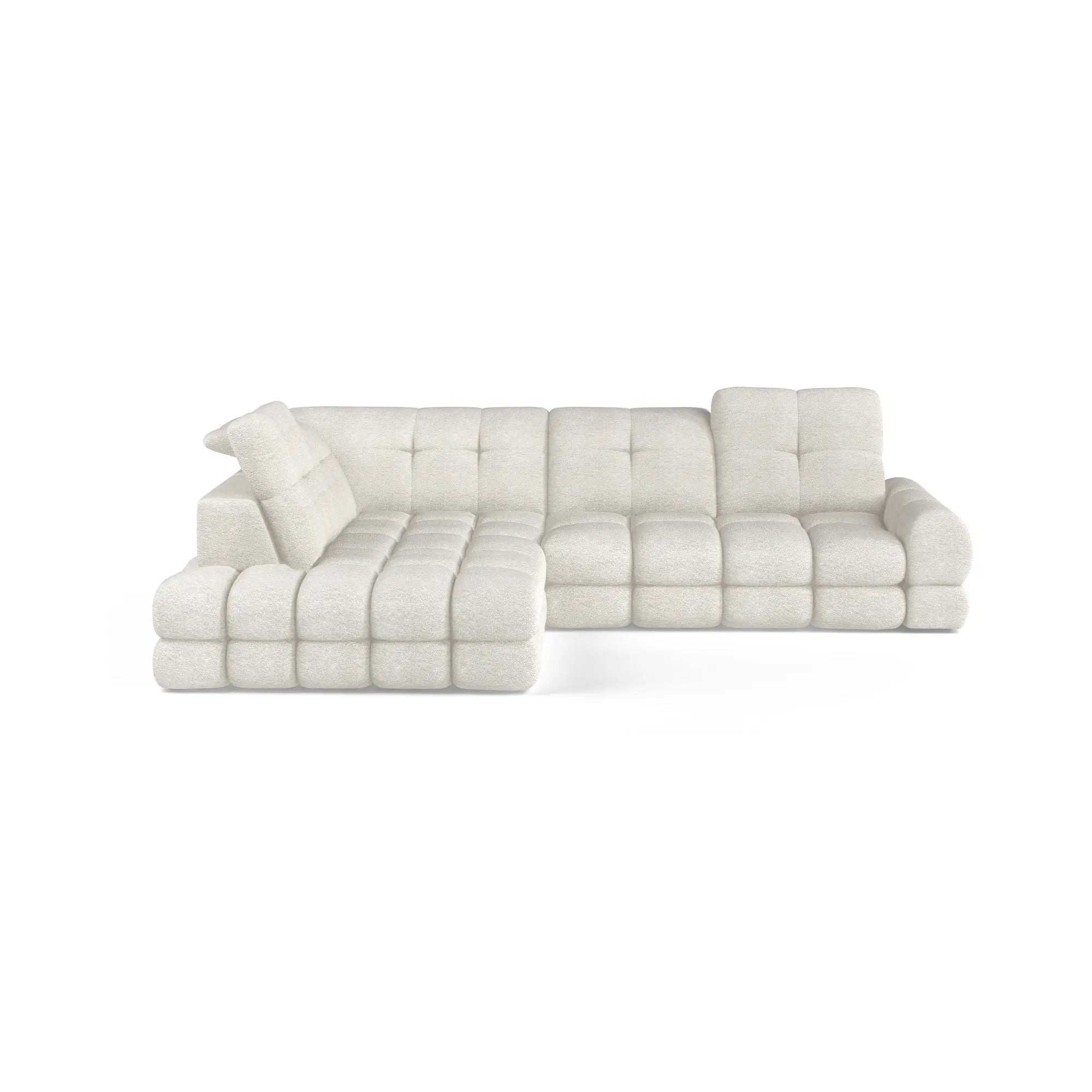 Coltar extensibil TOLLO L, sezlong stanga, stofa buclata alb - Bubble 01, Gama Premium, cu lada depozitare si reglaj electric, 302x217x105 cm