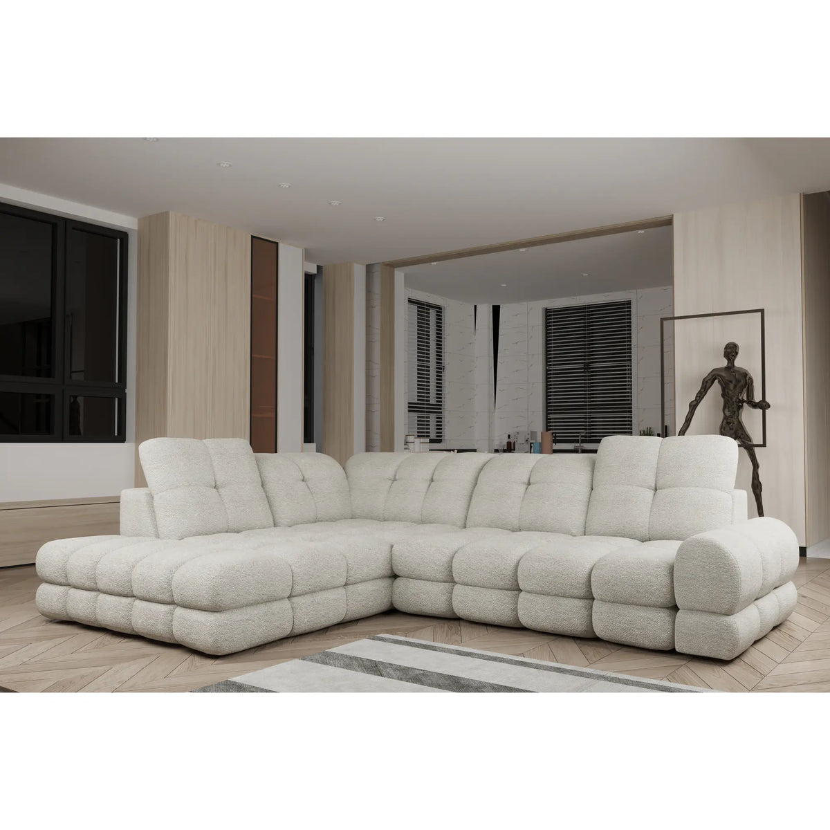 Coltar extensibil TOLLO L, sezlong stanga, stofa buclata alb - Bubble 01, Gama Premium, cu lada depozitare si reglaj electric, 302x217x105 cm