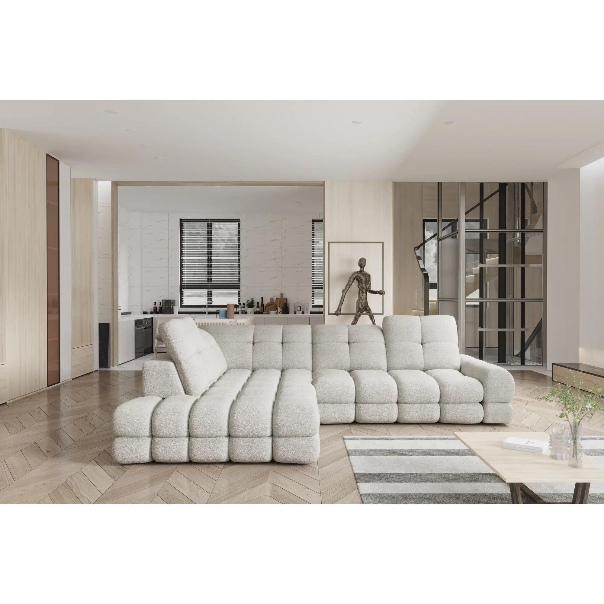 Coltar extensibil TOLLO L, sezlong stanga, stofa buclata alb - Bubble 01, Gama Premium, cu lada depozitare si reglaj electric, 302x217x105 cm