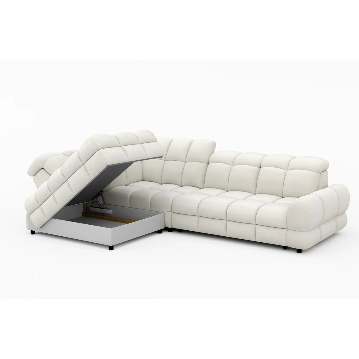 Coltar extensibil TOLLO L, sezlong stanga, stofa buclata alb - Bubble 01, cu lada depozitare si reglaj electric, 302x220x106 cm