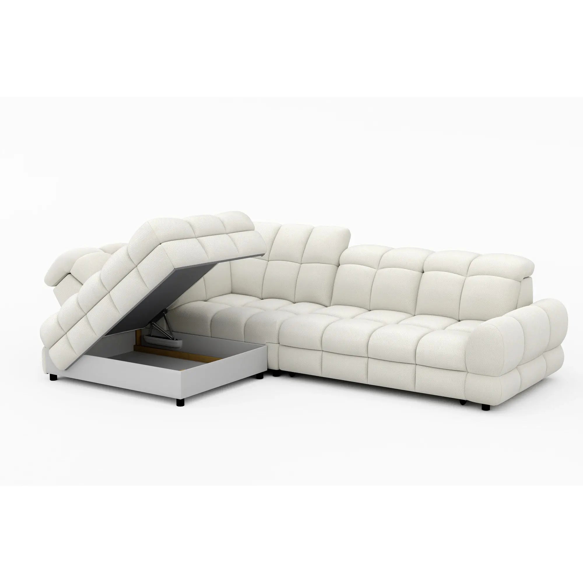 Coltar extensibil TOLLO L, sezlong stanga, stofa buclata alb - Bubble 01, cu lada depozitare si reglaj electric, 302x220x106 cm