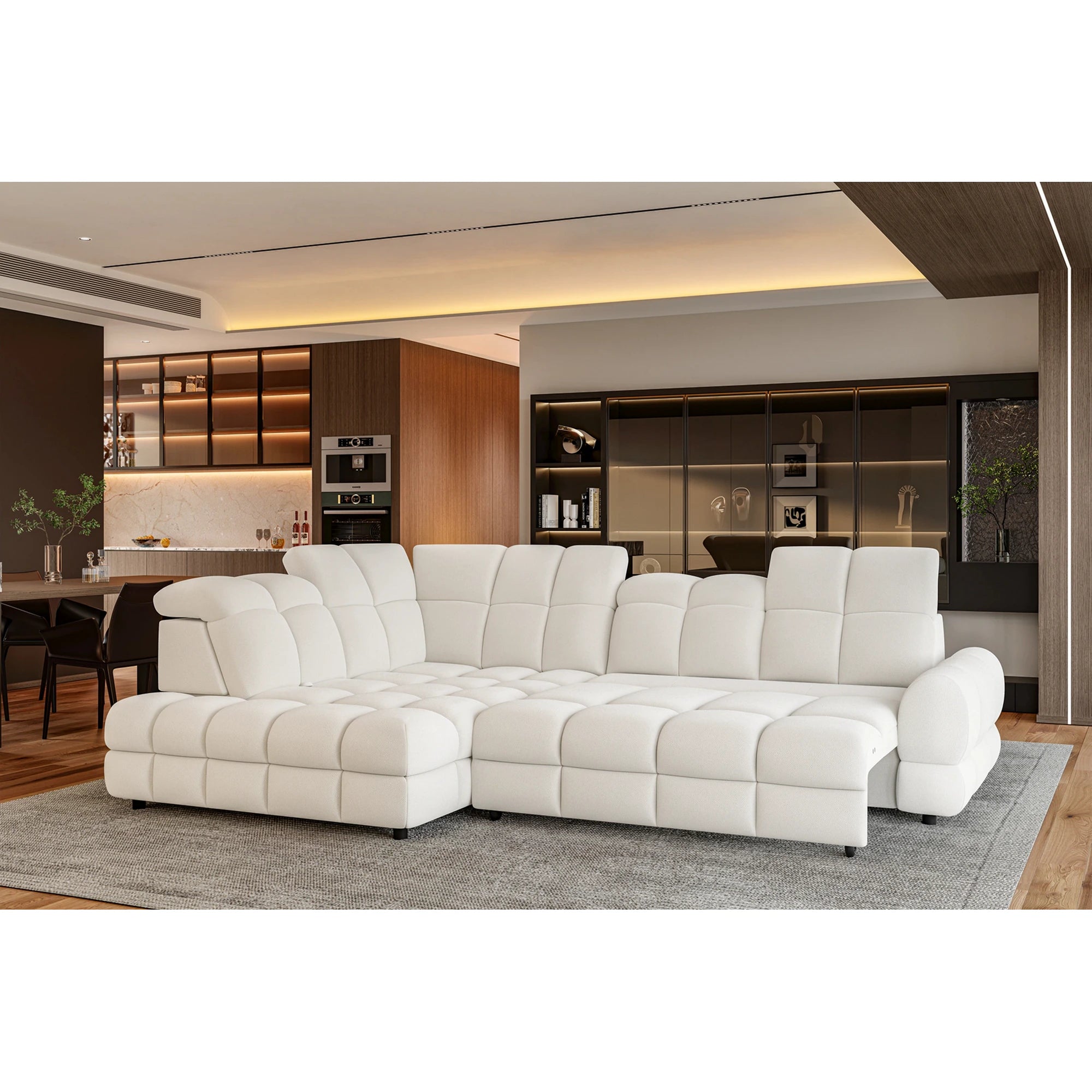 Coltar extensibil TOLLO L, sezlong stanga, stofa buclata alb - Bubble 01, cu lada depozitare si reglaj electric, 302x220x106 cm