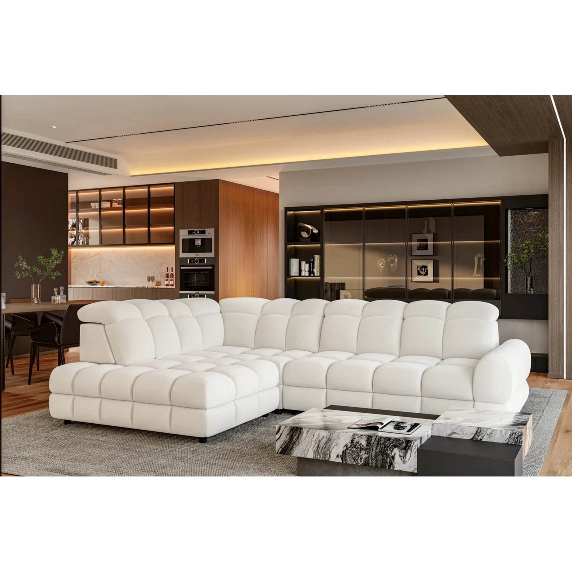 Coltar extensibil TOLLO L, sezlong stanga, stofa buclata alb - Bubble 01, cu lada depozitare si reglaj electric, 302x220x106 cm
