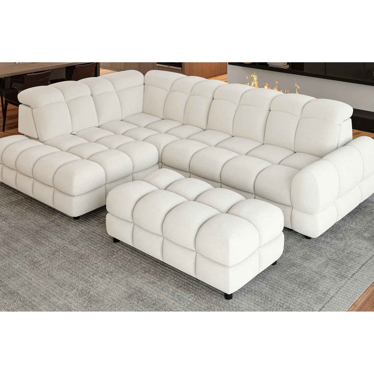 Coltar extensibil TOLLO L, sezlong stanga, stofa buclata alb - Bubble 01, cu lada depozitare si reglaj electric, 302x220x106 cm